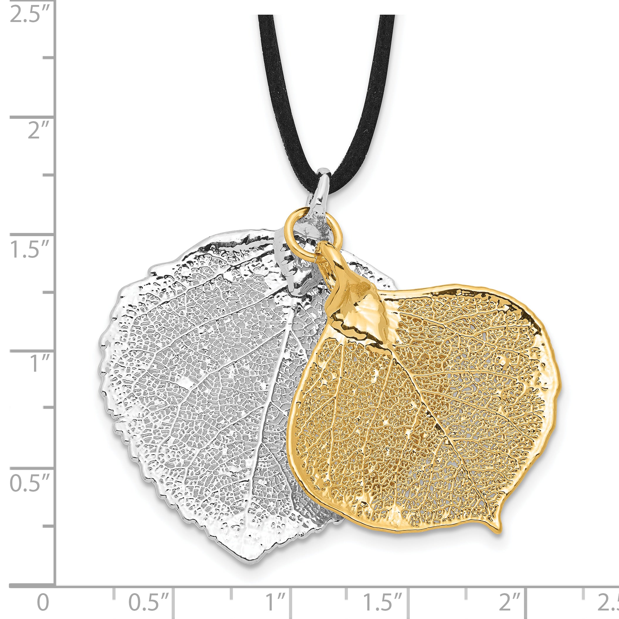 Silver and 24k Gold Dipped Double Real Aspen Leaves 20 inch Leather Cord Necklace
