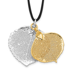 Silver and 24k Gold Dipped Double Real Aspen Leaves 20 inch Leather Cord Necklace