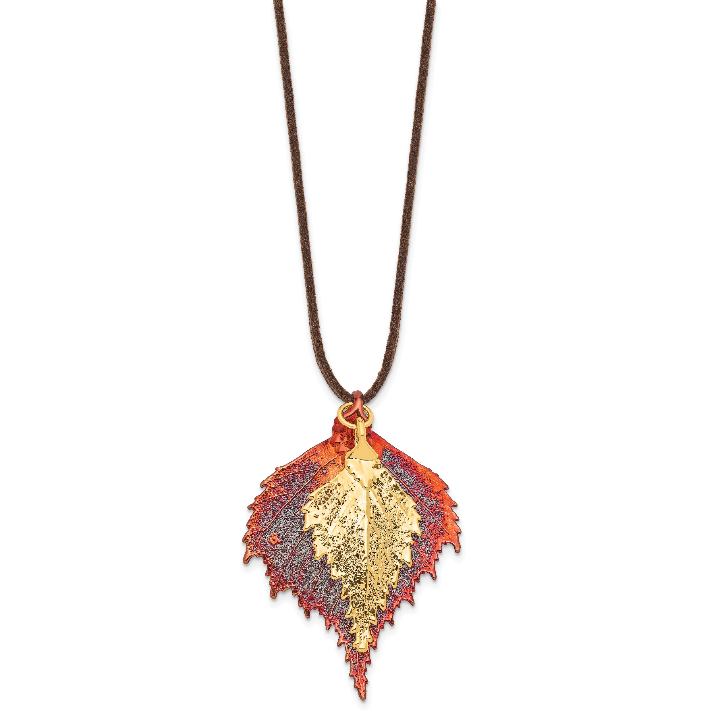 Iridescent Copper and 24k Gold Dipped Double Real Birch Leaves 20 inch Leather Cord Necklace