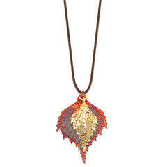 Iridescent Copper and 24k Gold Dipped Double Real Birch Leaves 20 inch Leather Cord Necklace
