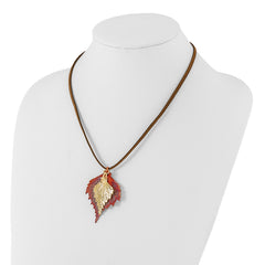 Iridescent Copper and 24k Gold Dipped Double Real Birch Leaves 20 inch Leather Cord Necklace