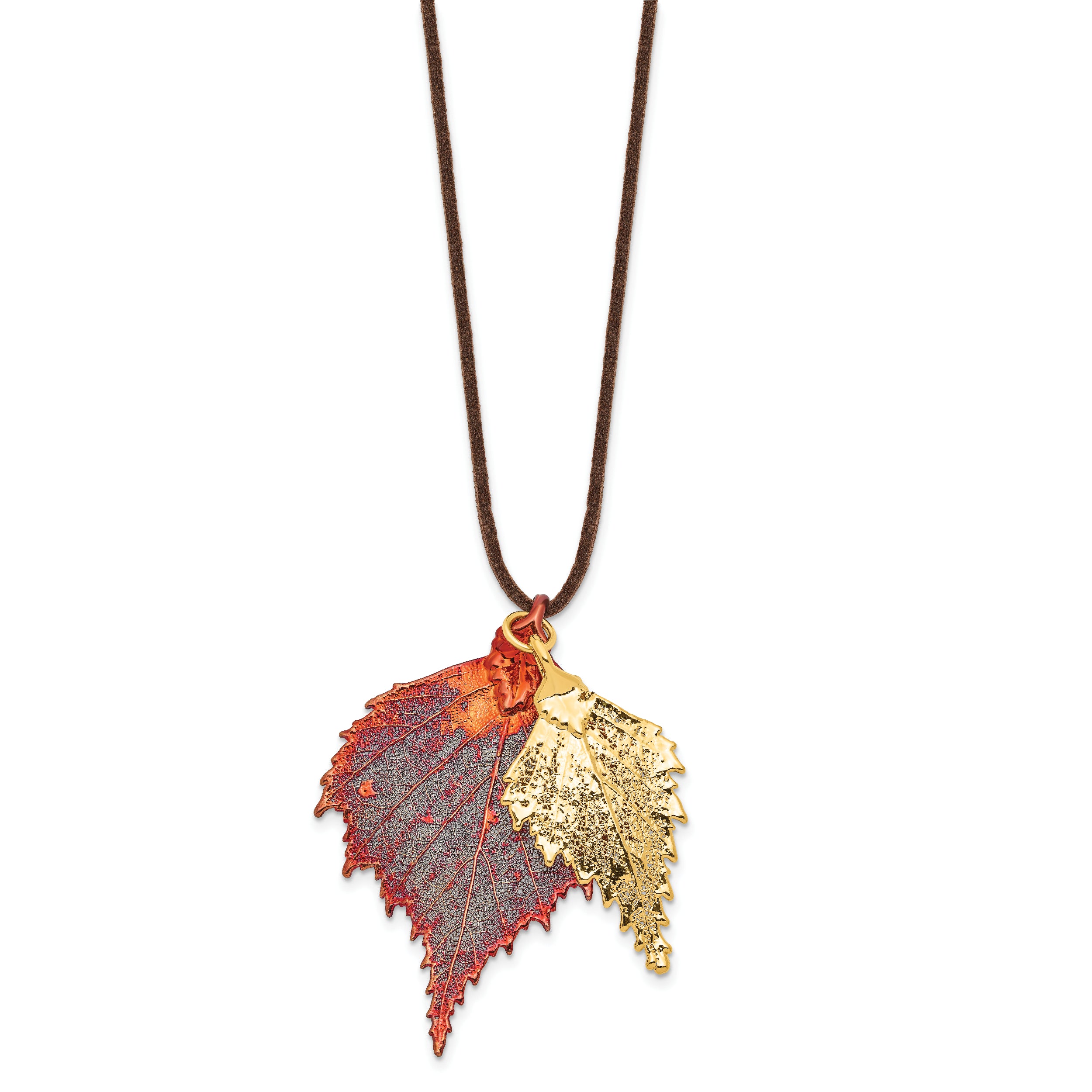 Iridescent Copper and 24k Gold Dipped Double Real Birch Leaves 20 inch Leather Cord Necklace