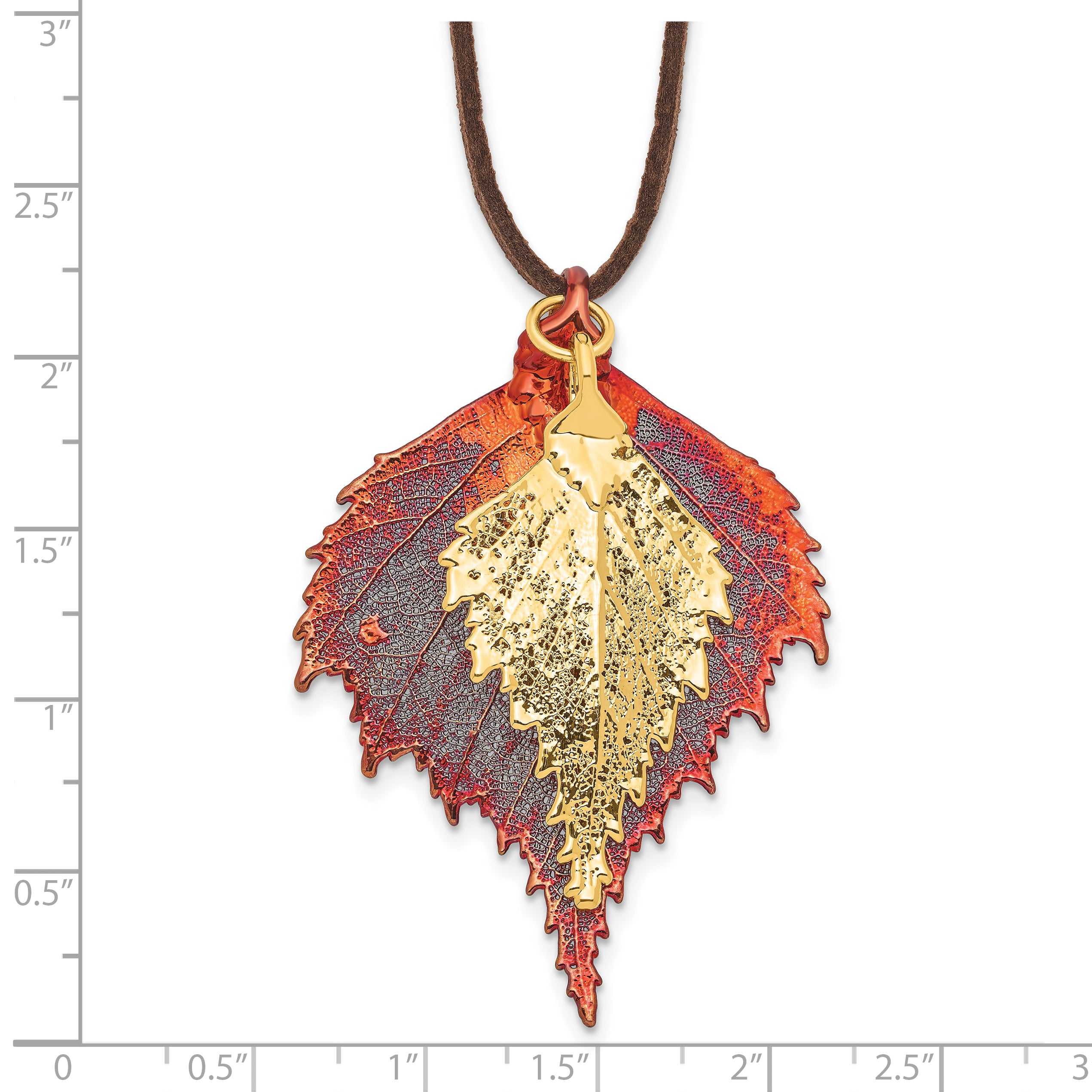 Iridescent Copper and 24k Gold Dipped Double Real Birch Leaves 20 inch Leather Cord Necklace
