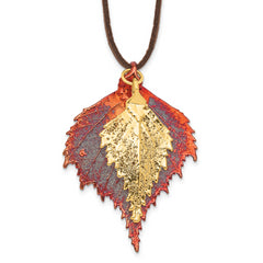 Iridescent Copper and 24k Gold Dipped Double Real Birch Leaves 20 inch Leather Cord Necklace