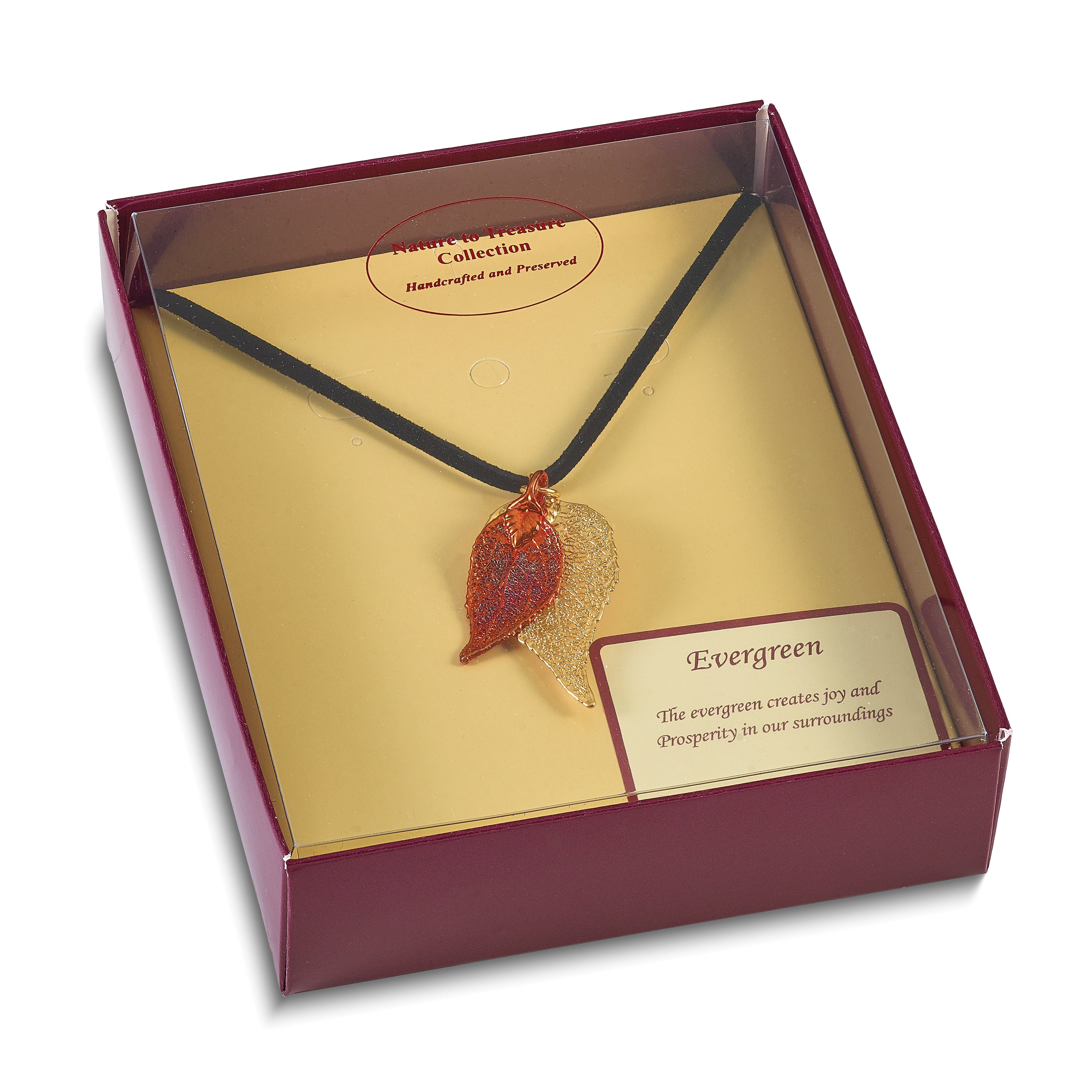 24k Gold and Iridescent Copper Dipped Double Real Evergreen Leaves 20 inch Leather Cord Necklace