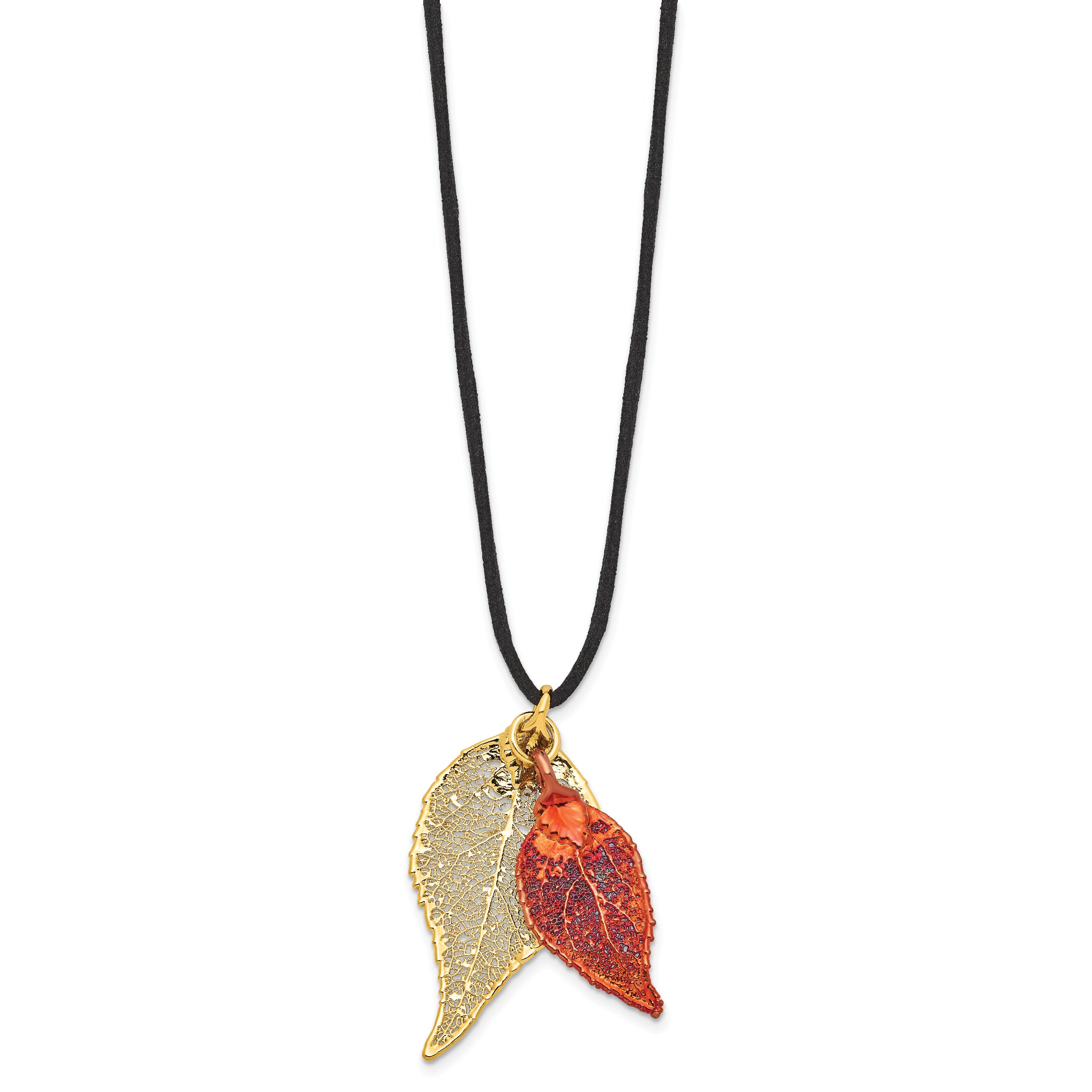 24k Gold and Iridescent Copper Dipped Double Real Evergreen Leaves 20 inch Leather Cord Necklace