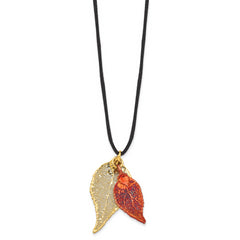 24k Gold and Iridescent Copper Dipped Double Real Evergreen Leaves 20 inch Leather Cord Necklace
