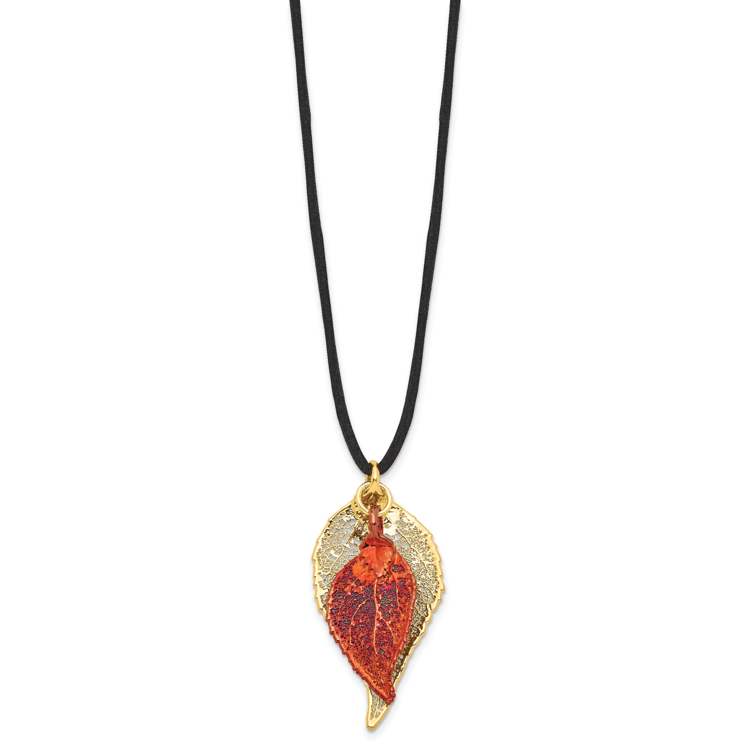 24k Gold and Iridescent Copper Dipped Double Real Evergreen Leaves 20 inch Leather Cord Necklace