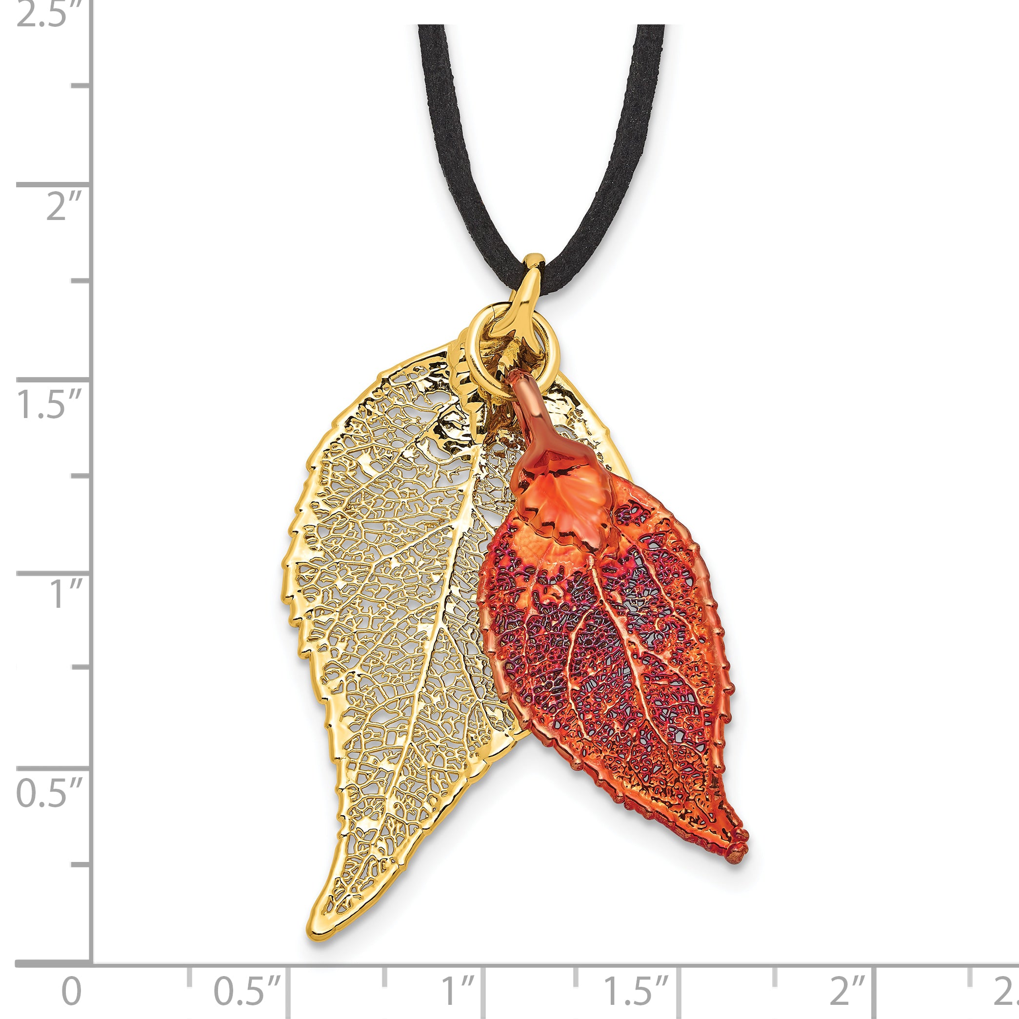 24k Gold and Iridescent Copper Dipped Double Real Evergreen Leaves 20 inch Leather Cord Necklace