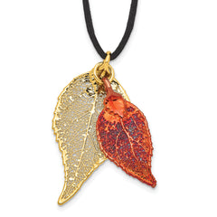 24k Gold and Iridescent Copper Dipped Double Real Evergreen Leaves 20 inch Leather Cord Necklace