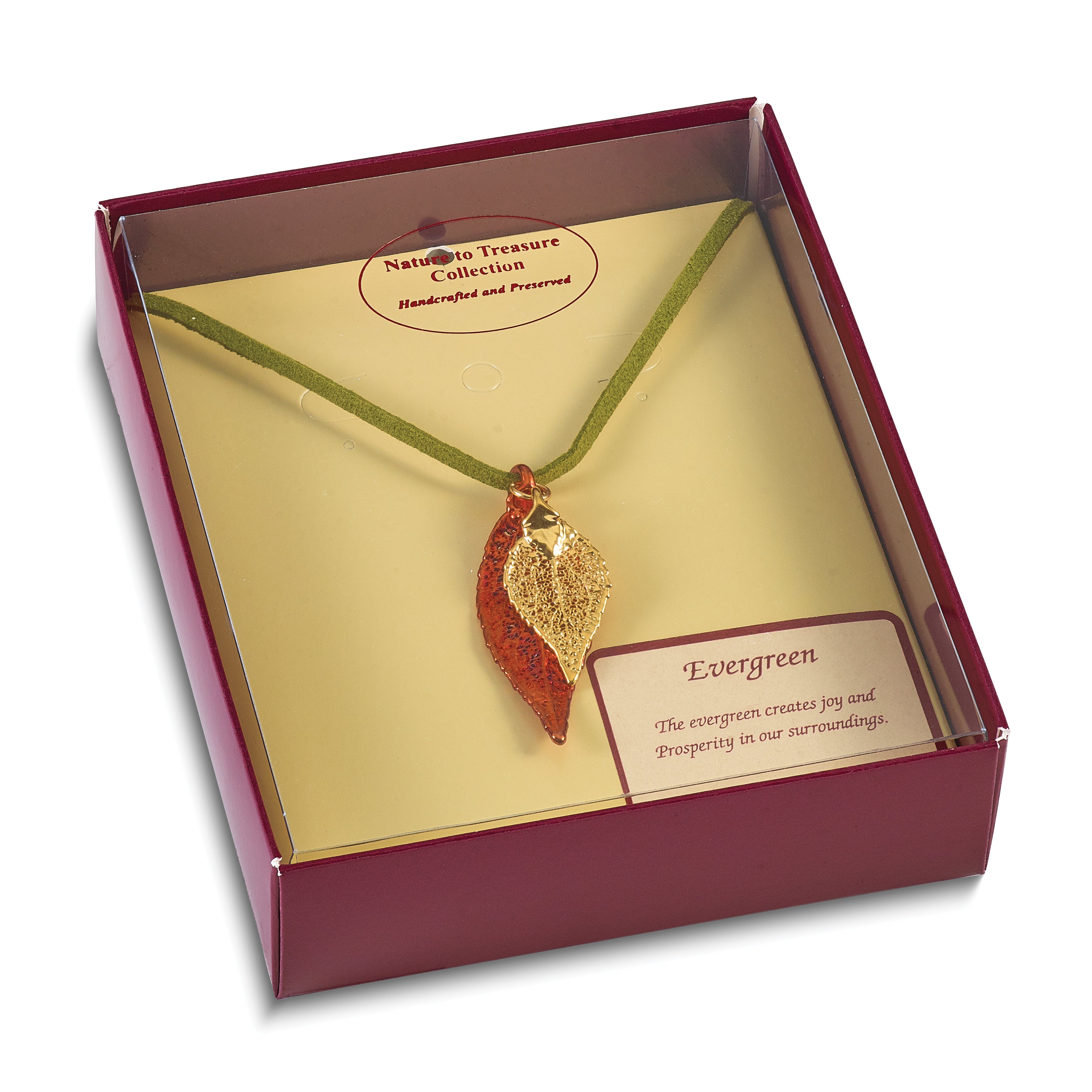 Iridescent Copper and 24k Gold Dipped Double Real Evergreen Leaves 20 inch Leather Cord Necklace