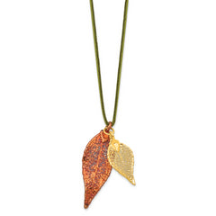 Iridescent Copper and 24k Gold Dipped Double Real Evergreen Leaves 20 inch Leather Cord Necklace