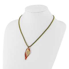 Iridescent Copper and 24k Gold Dipped Double Real Evergreen Leaves 20 inch Leather Cord Necklace