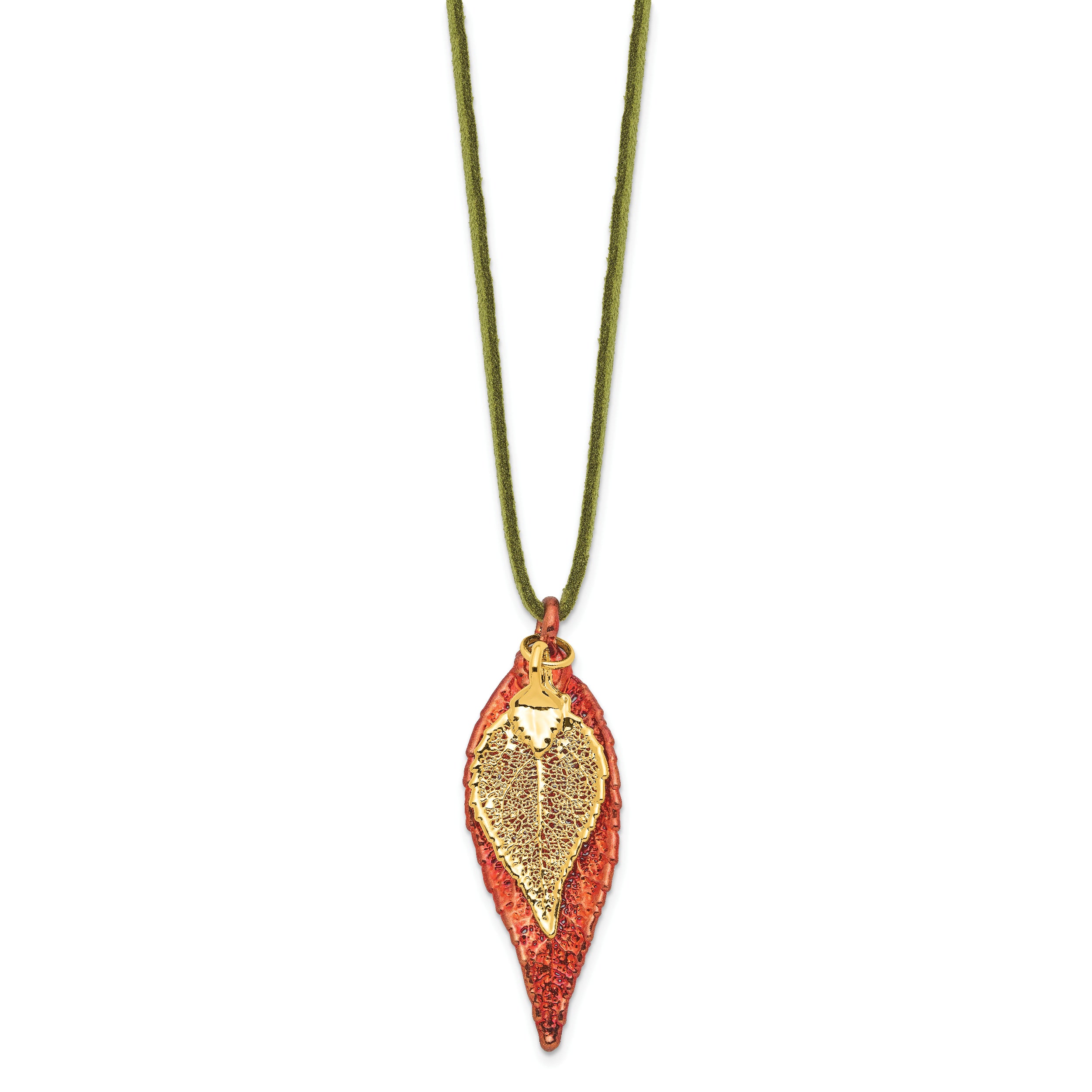Iridescent Copper and 24k Gold Dipped Double Real Evergreen Leaves 20 inch Leather Cord Necklace