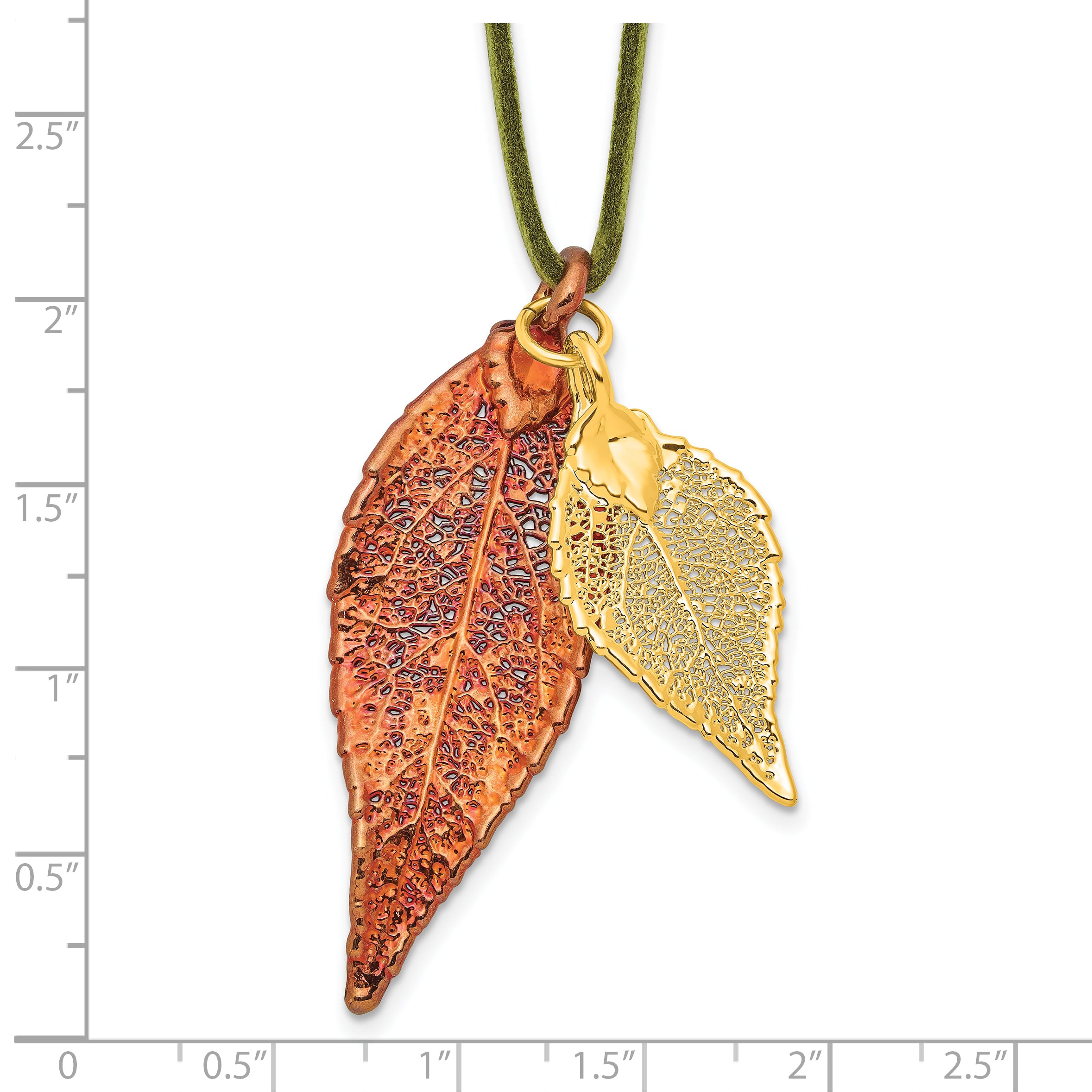 Iridescent Copper and 24k Gold Dipped Double Real Evergreen Leaves 20 inch Leather Cord Necklace