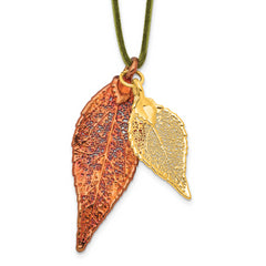 Iridescent Copper and 24k Gold Dipped Double Real Evergreen Leaves 20 inch Leather Cord Necklace