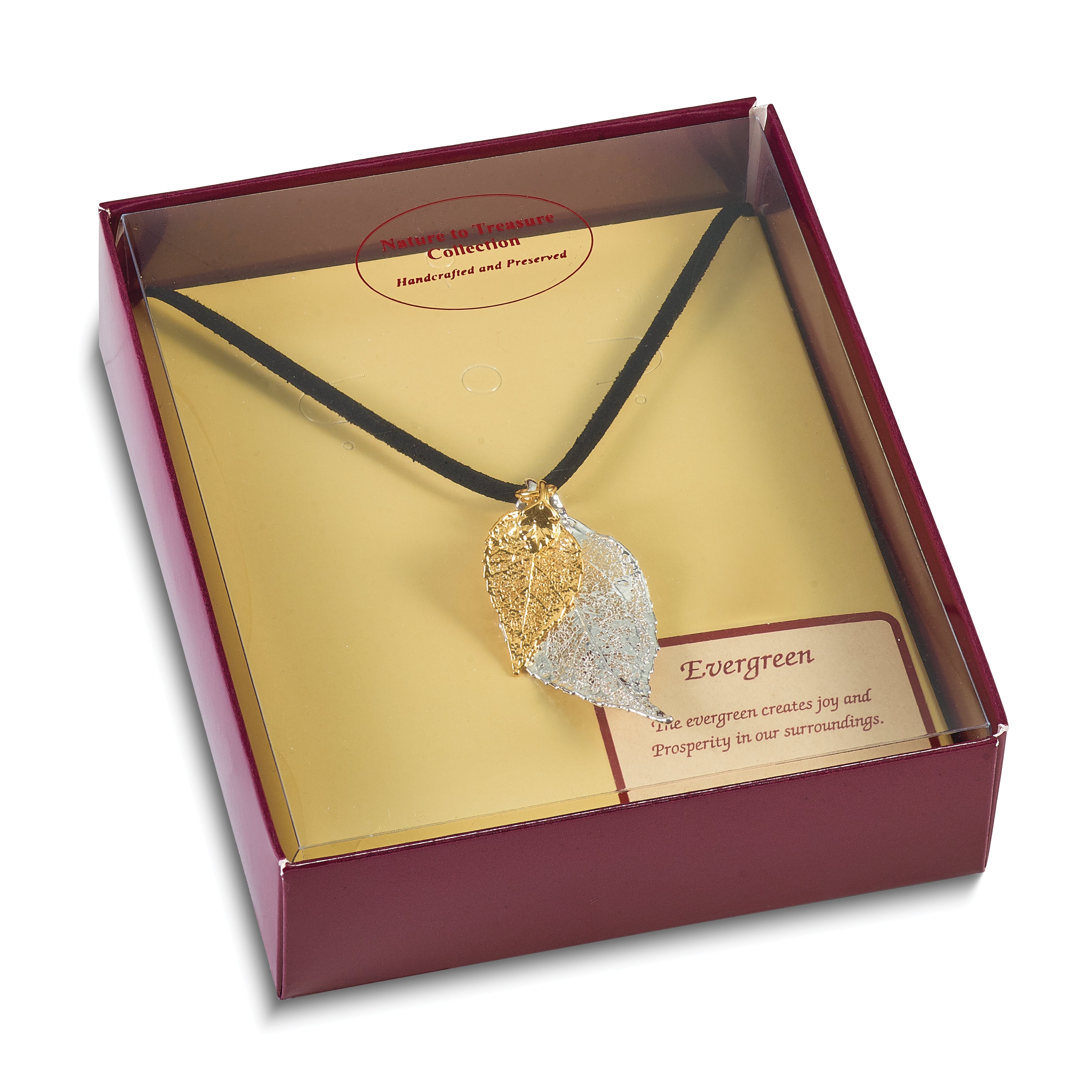 Silver and 24k Gold Dipped Double Real Evergreen Leaves 20 inch Leather Cord Necklace