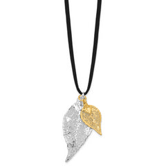 Silver and 24k Gold Dipped Double Real Evergreen Leaves 20 inch Leather Cord Necklace