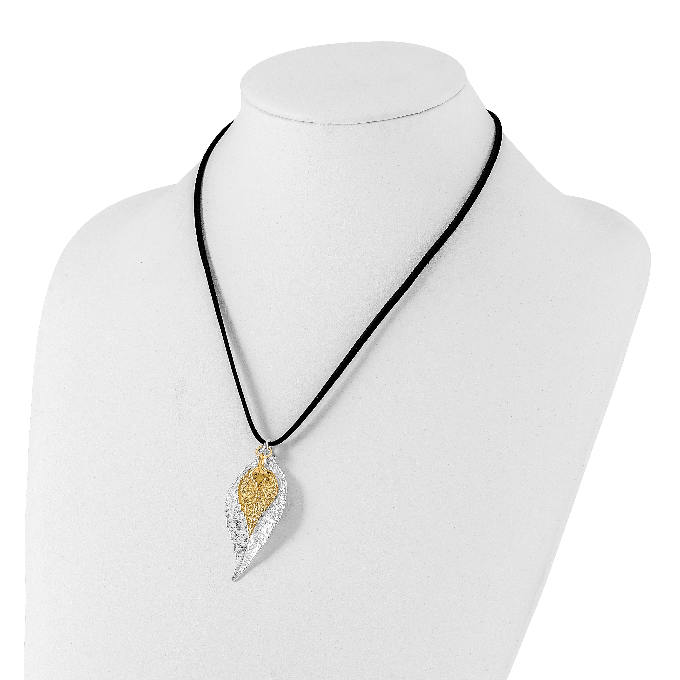 Silver and 24k Gold Dipped Double Real Evergreen Leaves 20 inch Leather Cord Necklace