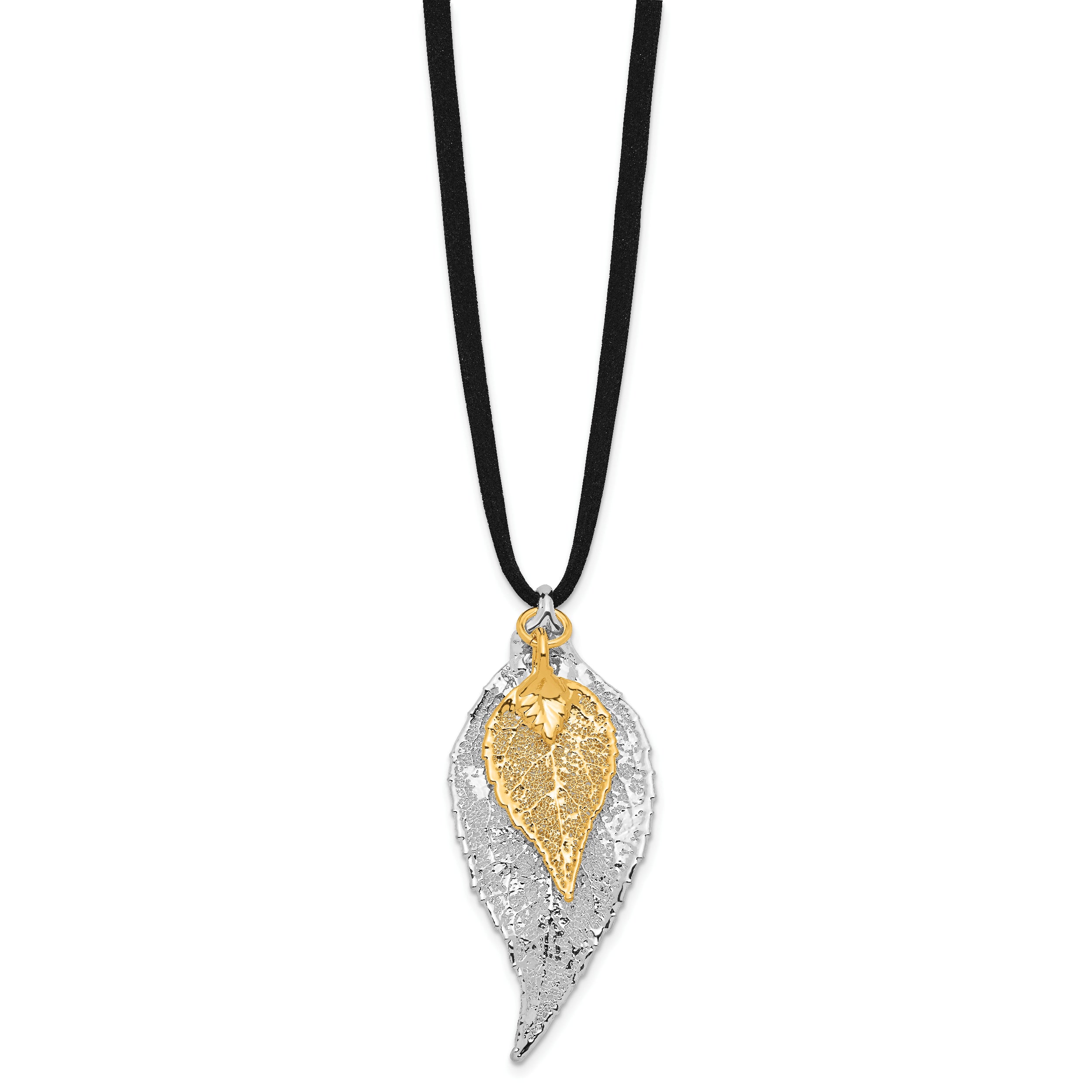 Silver and 24k Gold Dipped Double Real Evergreen Leaves 20 inch Leather Cord Necklace