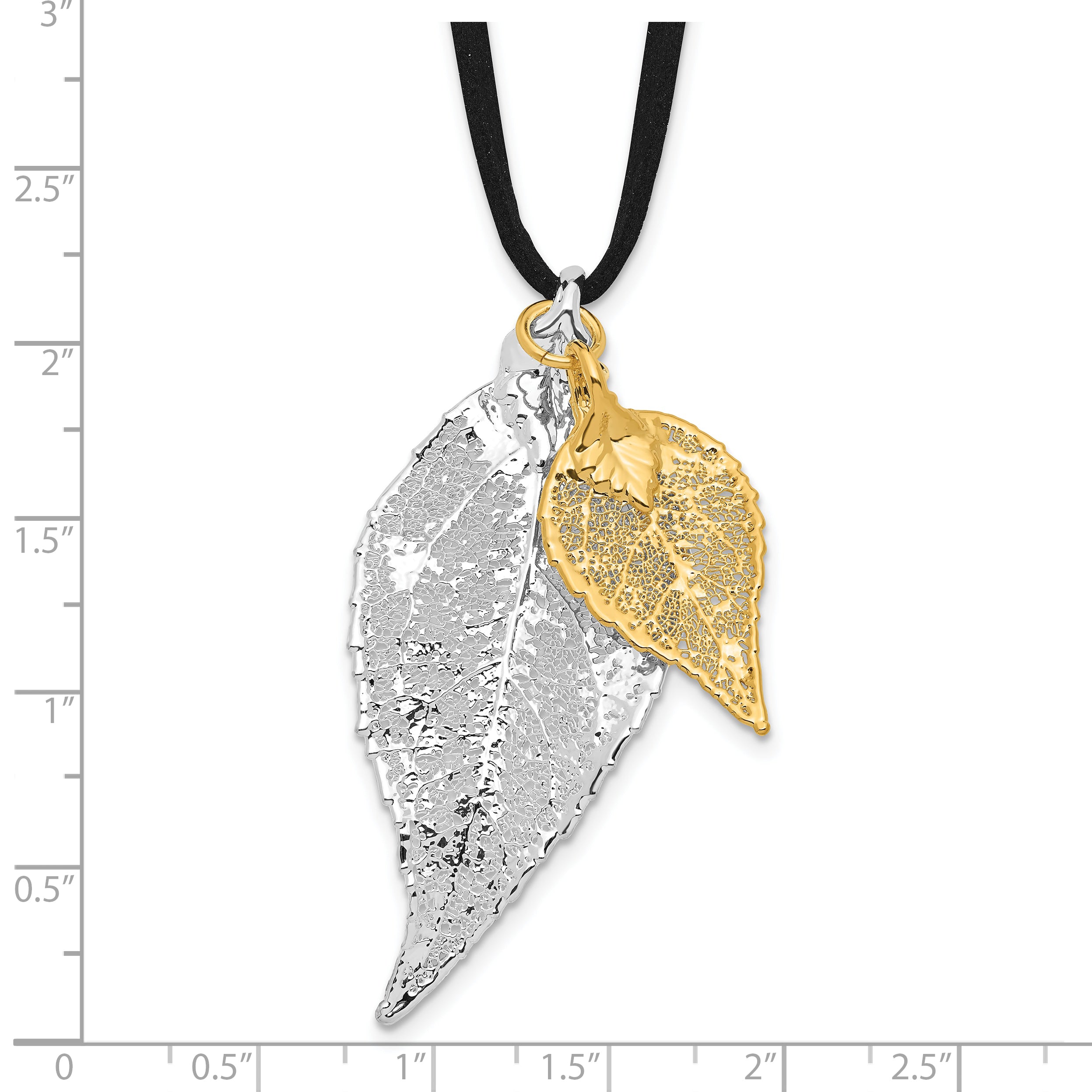 Silver and 24k Gold Dipped Double Real Evergreen Leaves 20 inch Leather Cord Necklace