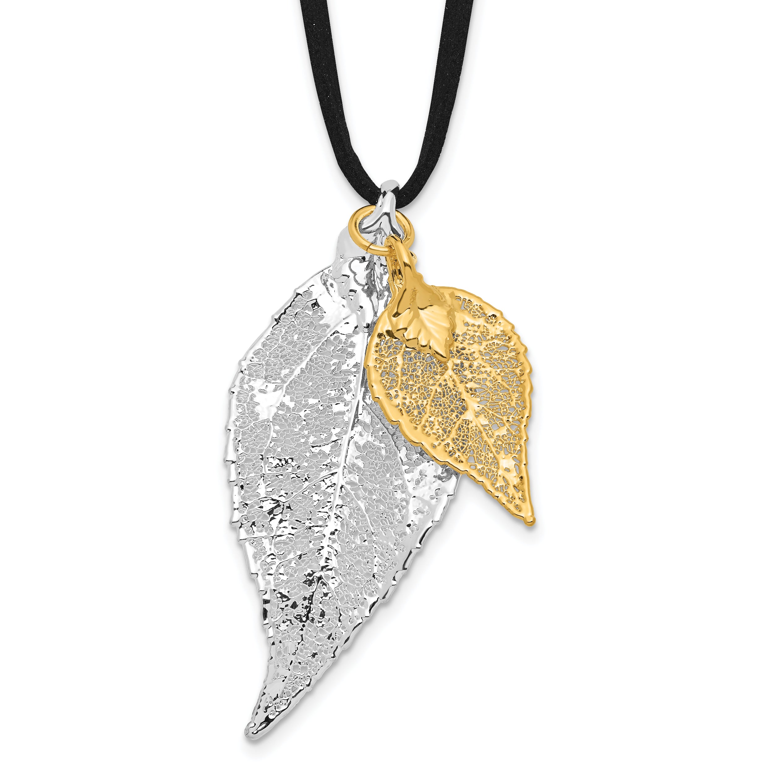 Silver and 24k Gold Dipped Double Real Evergreen Leaves 20 inch Leather Cord Necklace