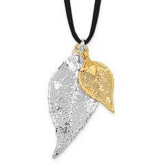 Silver and 24k Gold Dipped Double Real Evergreen Leaves 20 inch Leather Cord Necklace