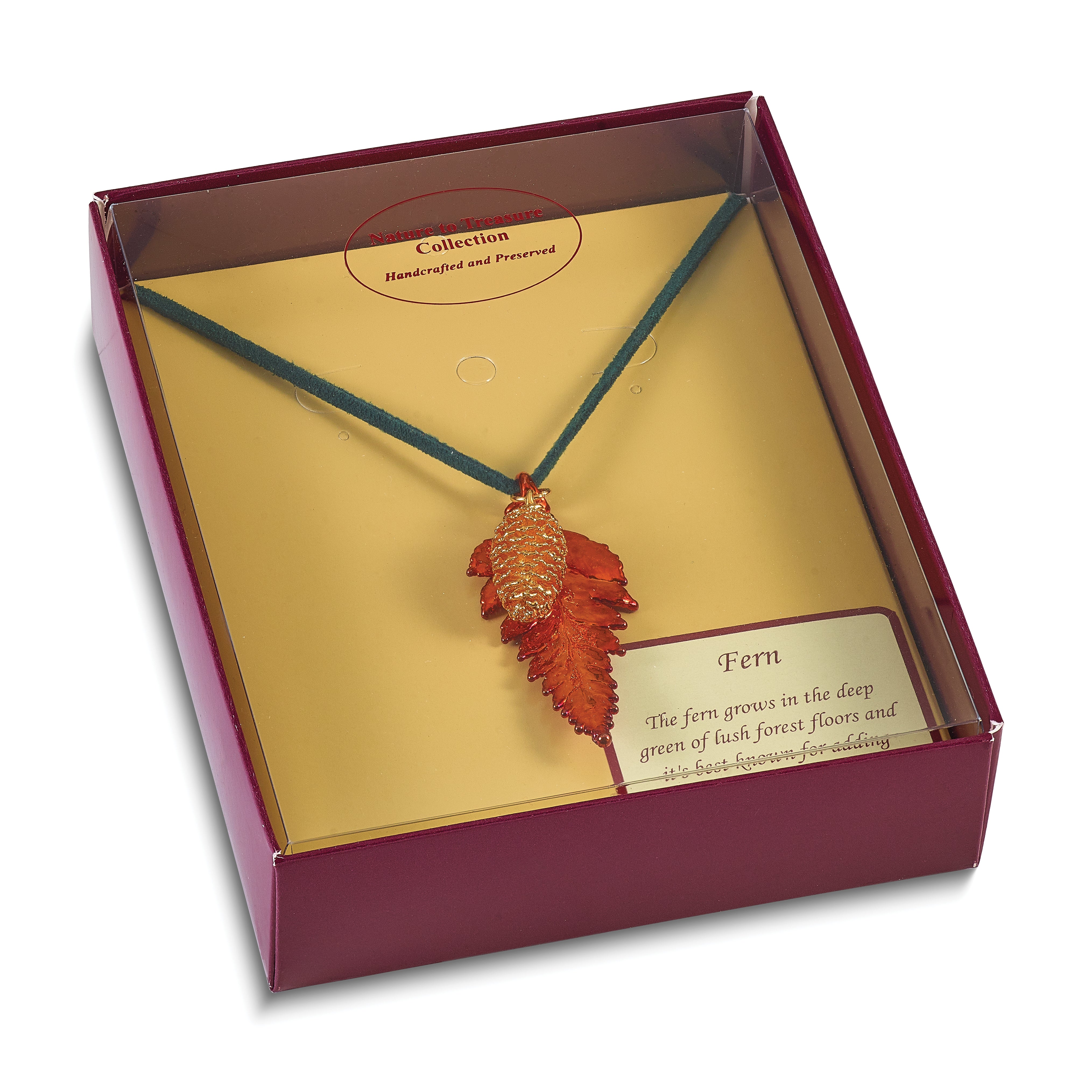 Iridescent Copper Real Fern Leaf and 24k Gold Dipped Real Pine Cone 20 inch Leather Cord Necklace