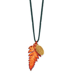 Iridescent Copper Real Fern Leaf and 24k Gold Dipped Real Pine Cone 20 inch Leather Cord Necklace