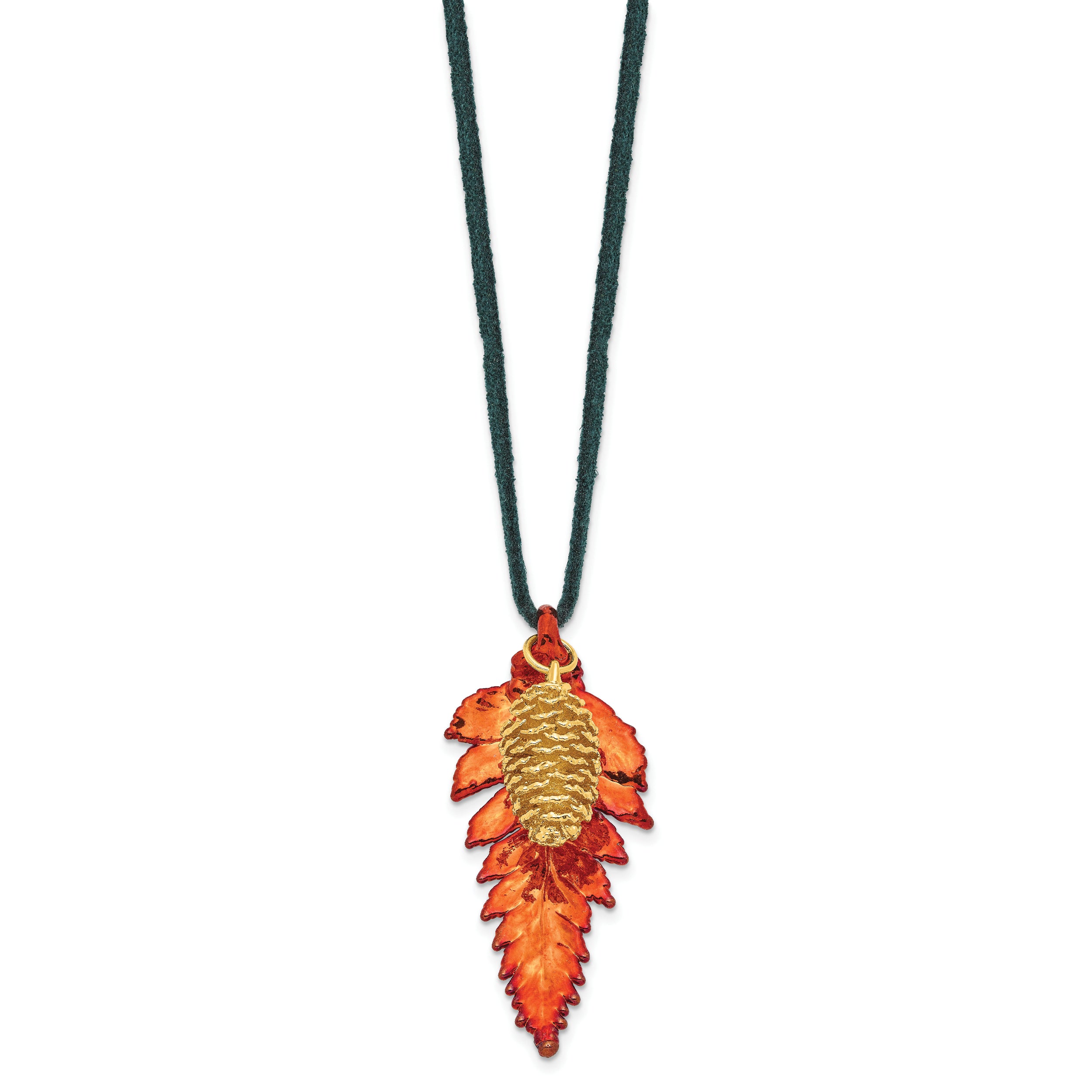 Iridescent Copper Real Fern Leaf and 24k Gold Dipped Real Pine Cone 20 inch Leather Cord Necklace