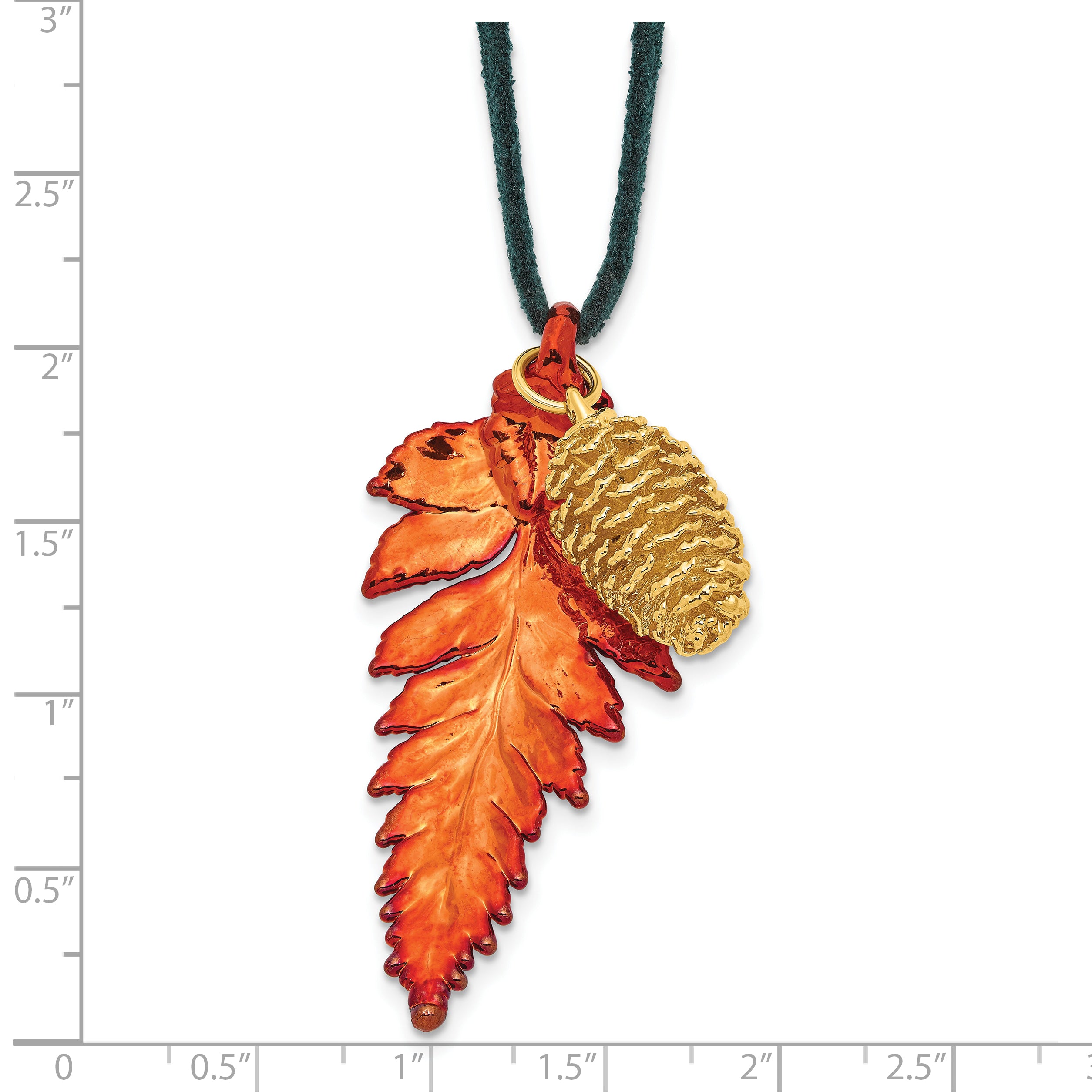 Iridescent Copper Real Fern Leaf and 24k Gold Dipped Real Pine Cone 20 inch Leather Cord Necklace