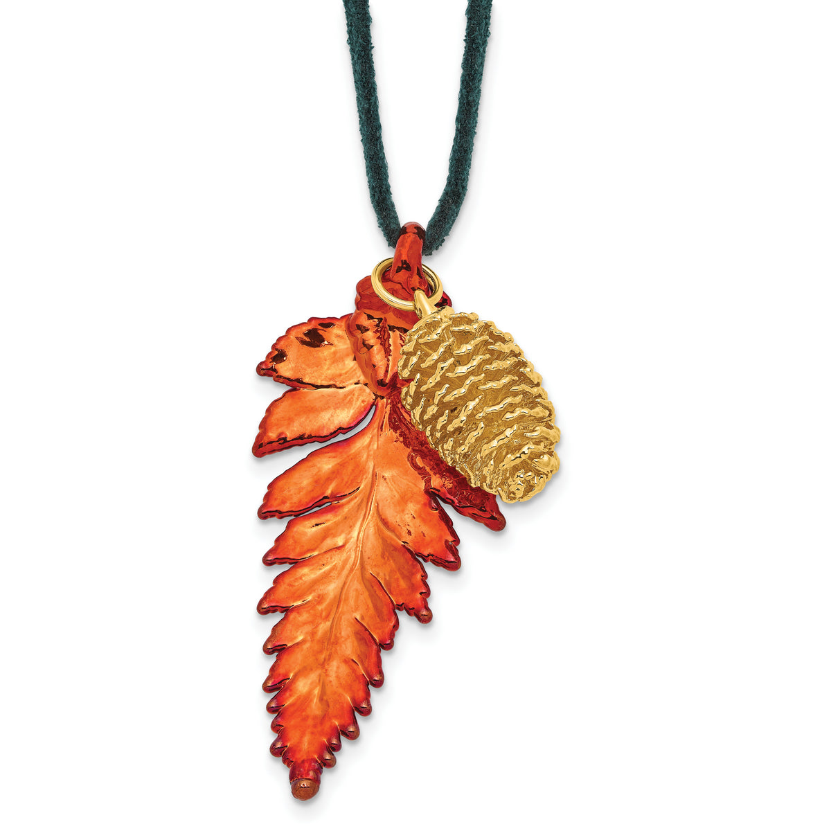 Iridescent Copper Real Fern Leaf and 24k Gold Dipped Real Pine Cone 20 inch Leather Cord Necklace