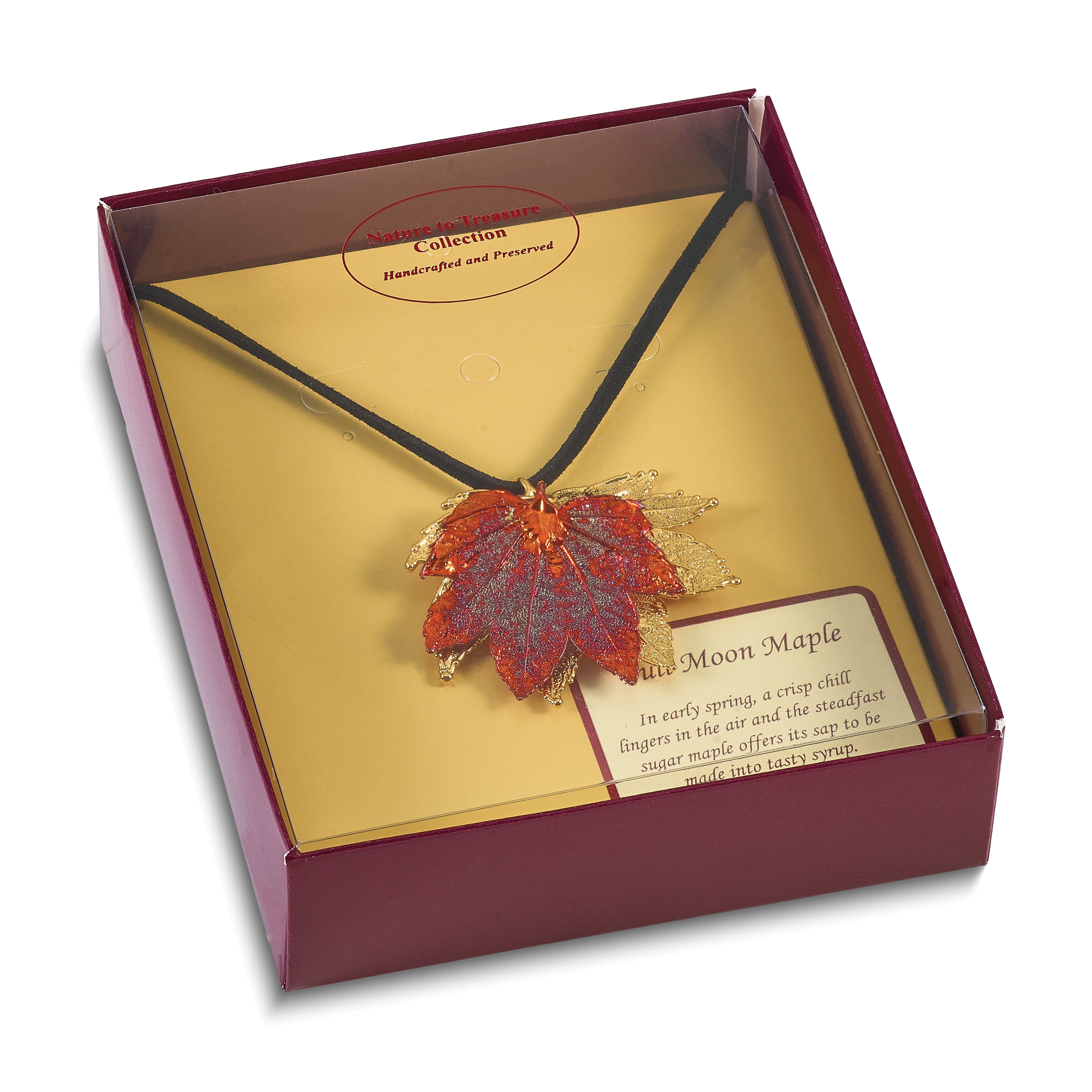 24k Gold and Iridescent Copper Dipped Double Real Full Moon Maple Leaves 20 inch Leather Cord Necklace