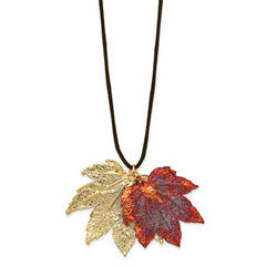 24k Gold and Iridescent Copper Dipped Double Real Full Moon Maple Leaves 20 inch Leather Cord Necklace