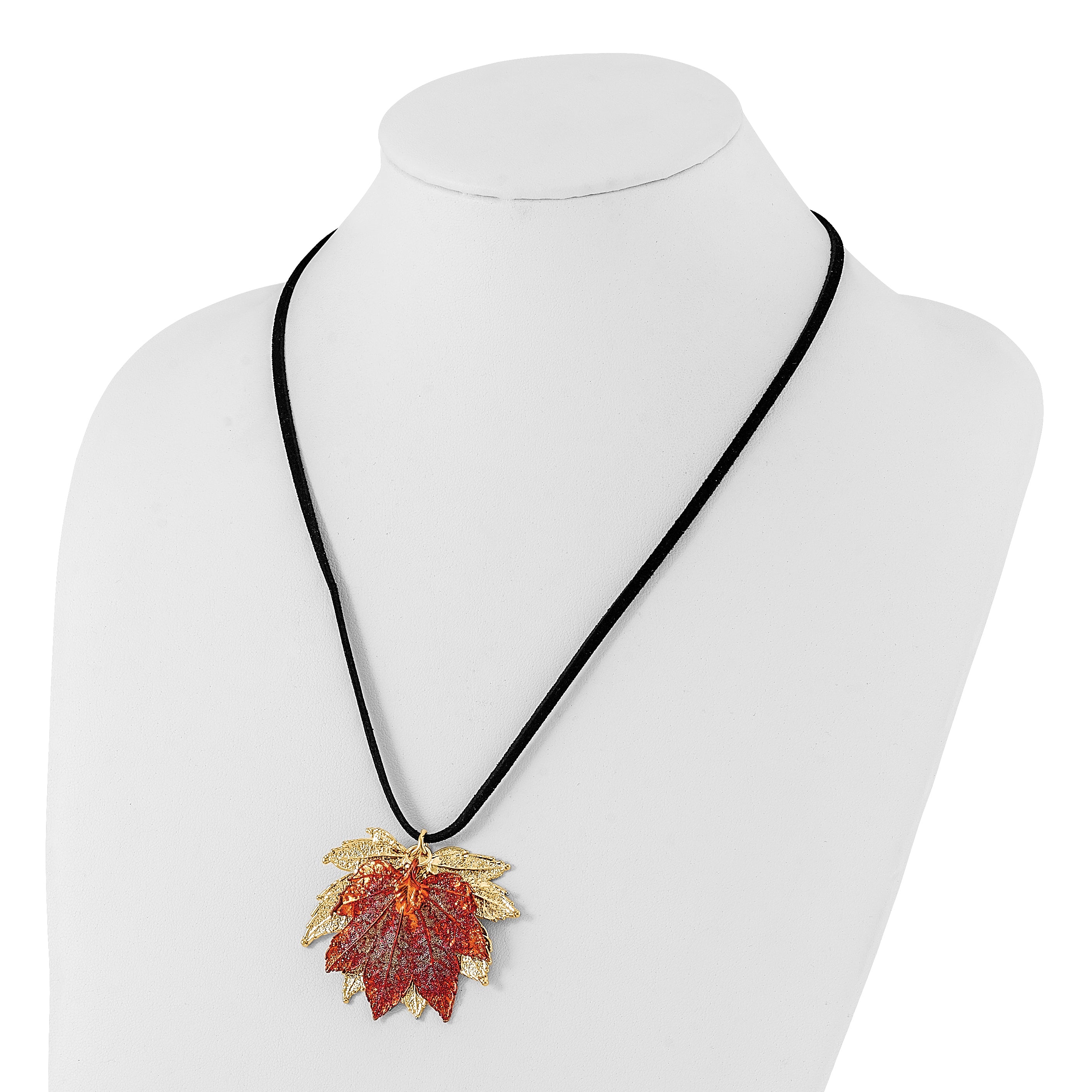 24k Gold and Iridescent Copper Dipped Double Real Full Moon Maple Leaves 20 inch Leather Cord Necklace