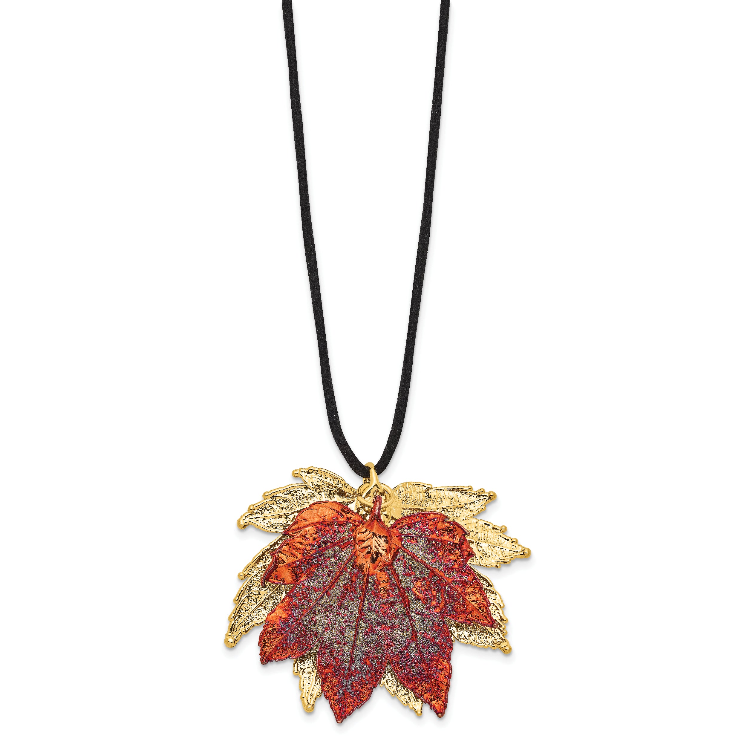 24k Gold and Iridescent Copper Dipped Double Real Full Moon Maple Leaves 20 inch Leather Cord Necklace