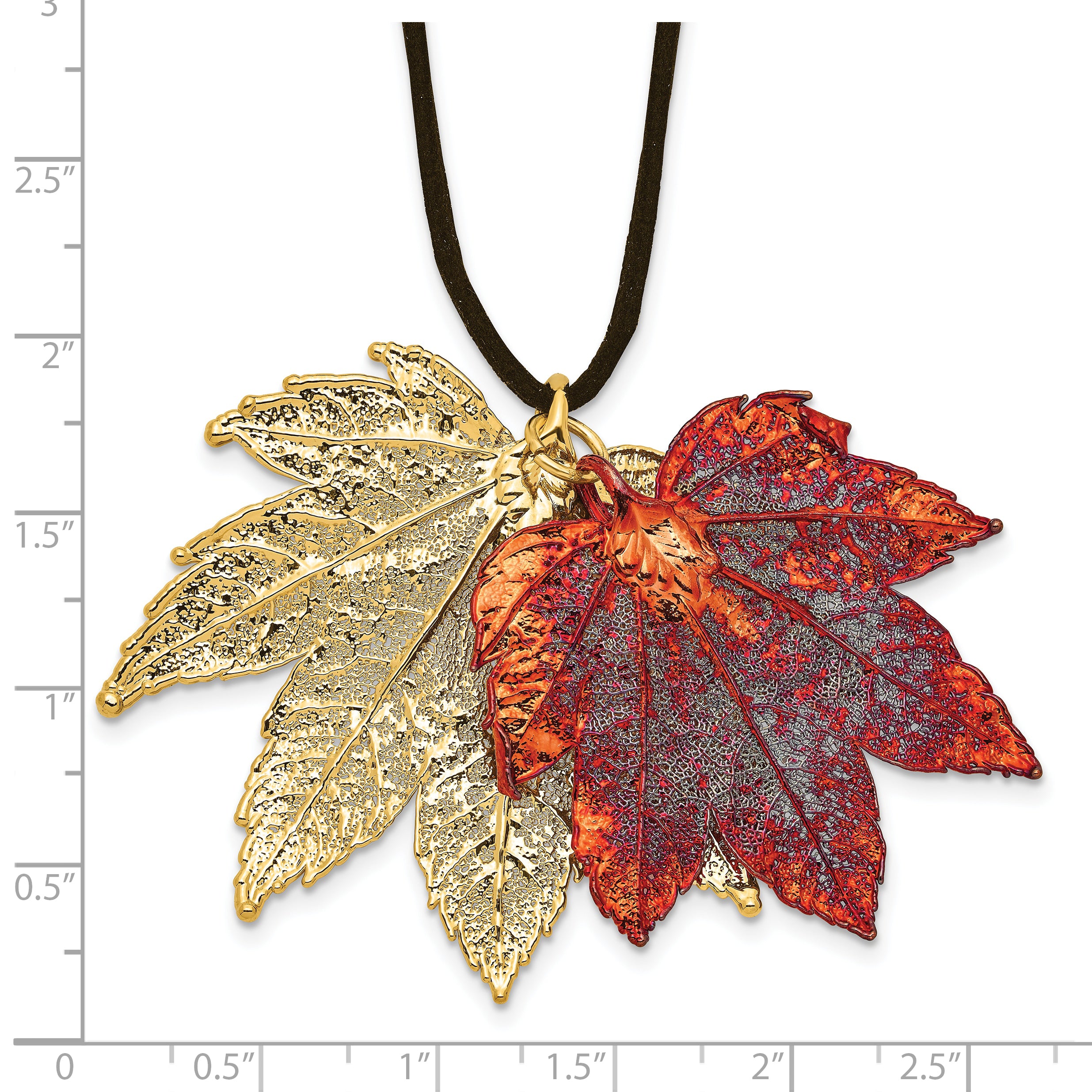 24k Gold and Iridescent Copper Dipped Double Real Full Moon Maple Leaves 20 inch Leather Cord Necklace