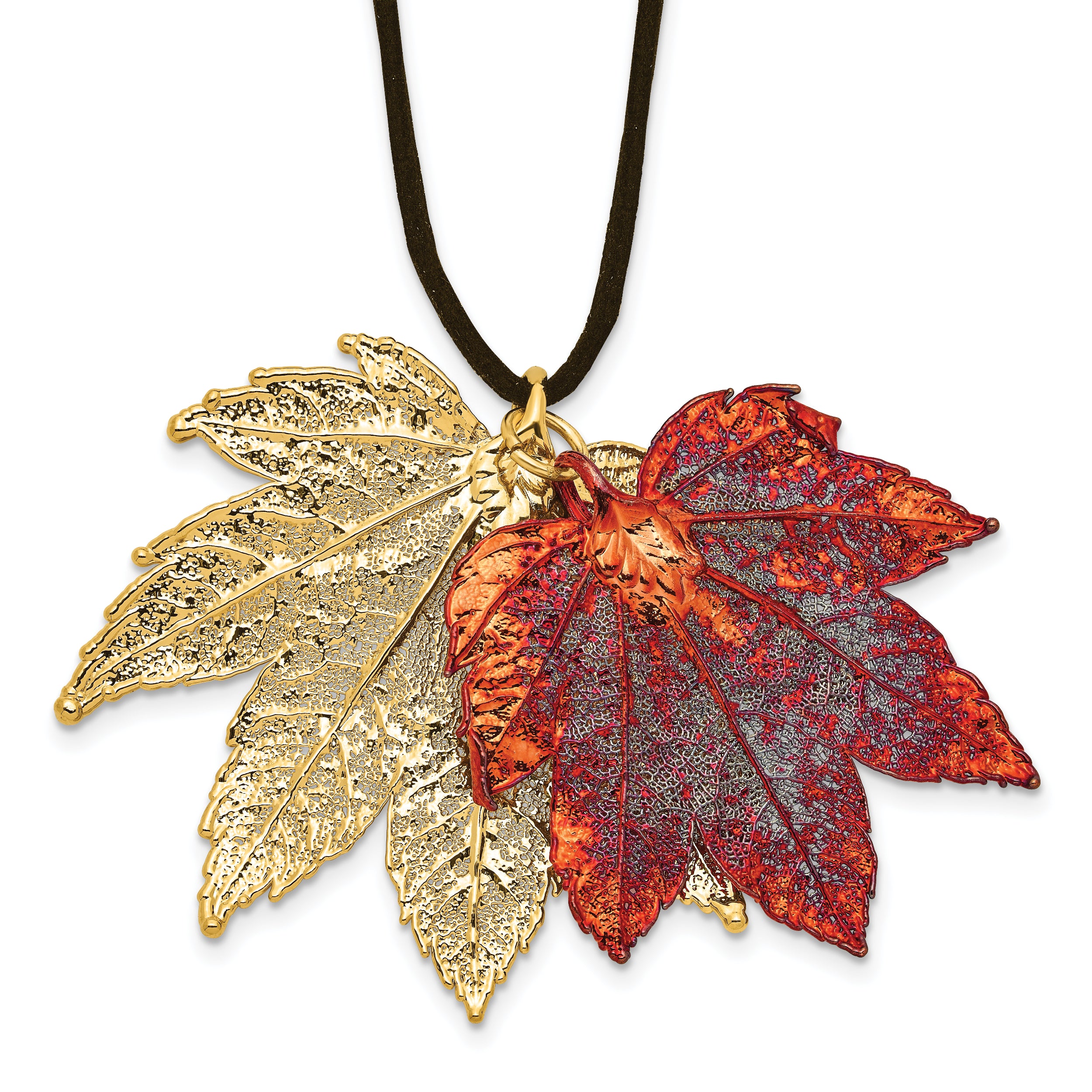 24k Gold and Iridescent Copper Dipped Double Real Full Moon Maple Leaves 20 inch Leather Cord Necklace
