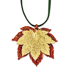 Iridescent Copper and 24k Gold Dipped Double Real Full Moon Maple Leaves 20 inch Leather Cord Necklace