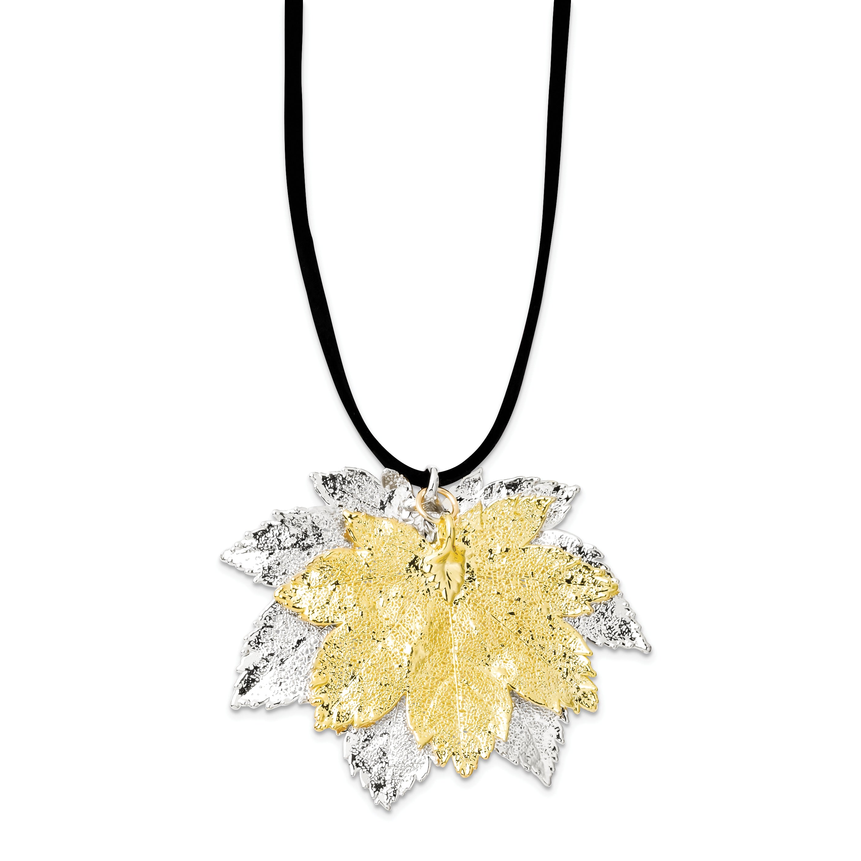 Silver and 24k Gold Dipped Double Real Full Moon Maple Leaves 20 inch Leather Cord Necklace
