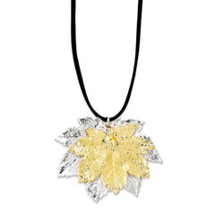 Silver and 24k Gold Dipped Double Real Full Moon Maple Leaves 20 inch Leather Cord Necklace