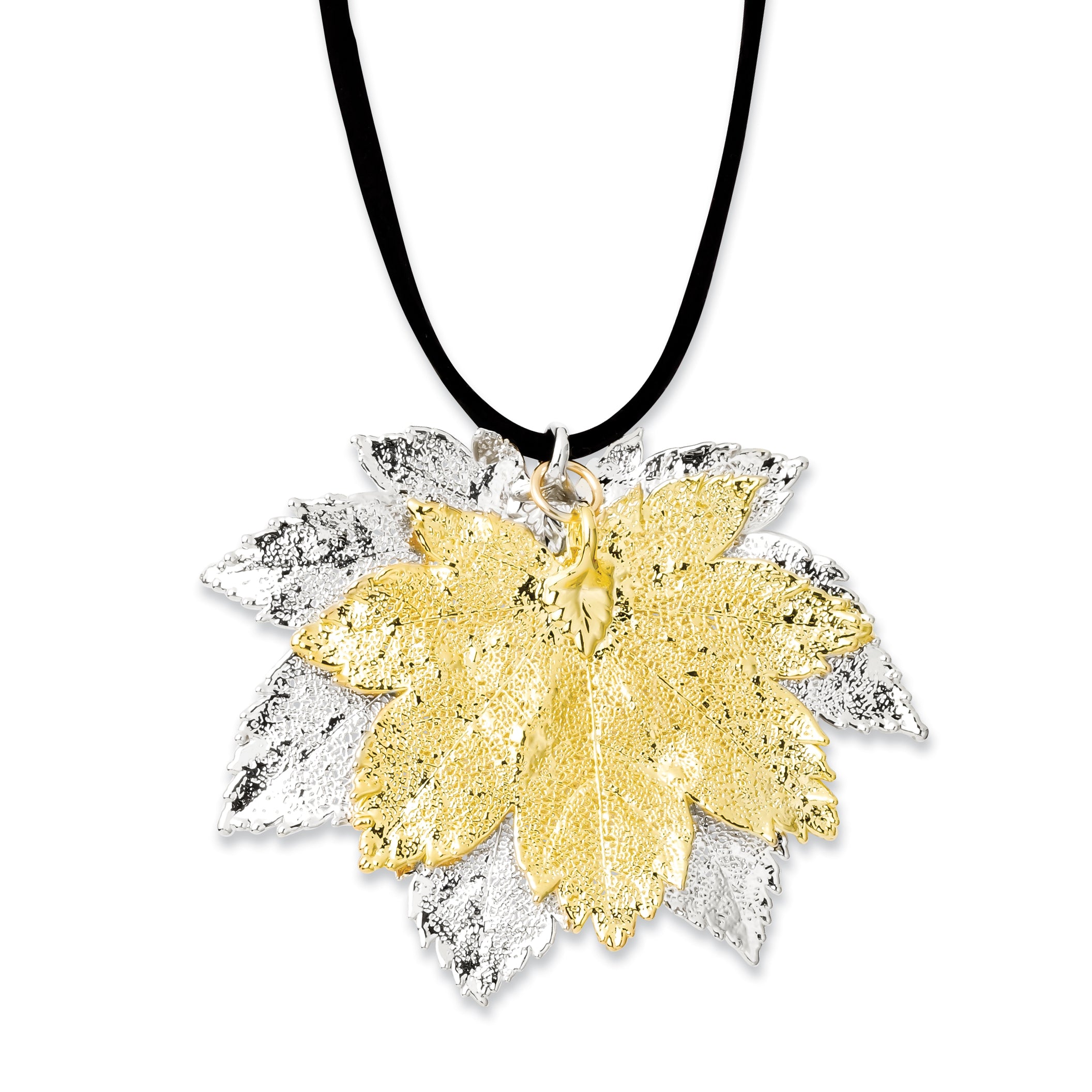 Silver and 24k Gold Dipped Double Real Full Moon Maple Leaves 20 inch Leather Cord Necklace