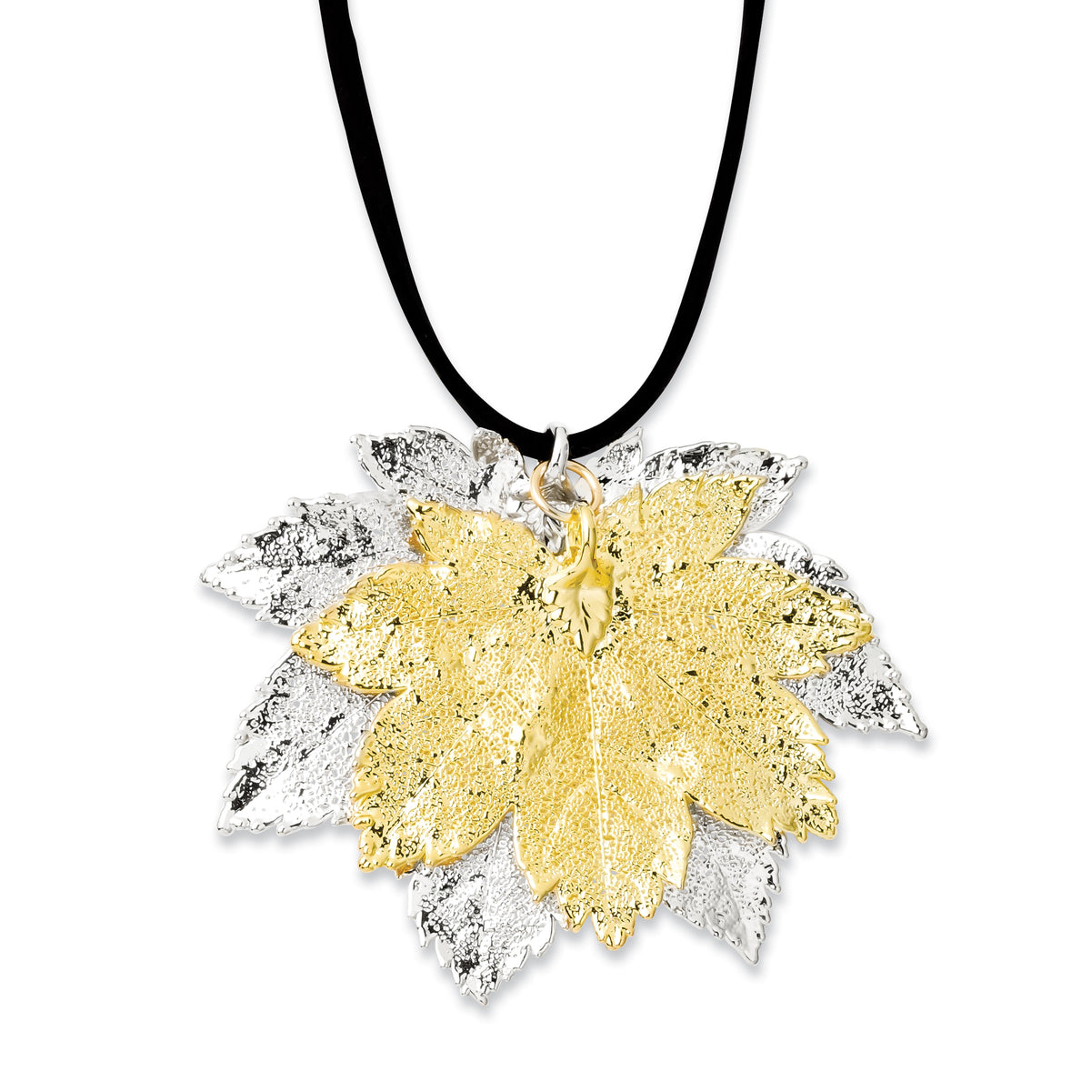 Silver and 24k Gold Dipped Double Real Full Moon Maple Leaves 20 inch Leather Cord Necklace