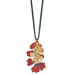 Iridescent Copper and 24k Gold Dipped Double Real Oak Leaves 20 inch Leather Cord Necklace