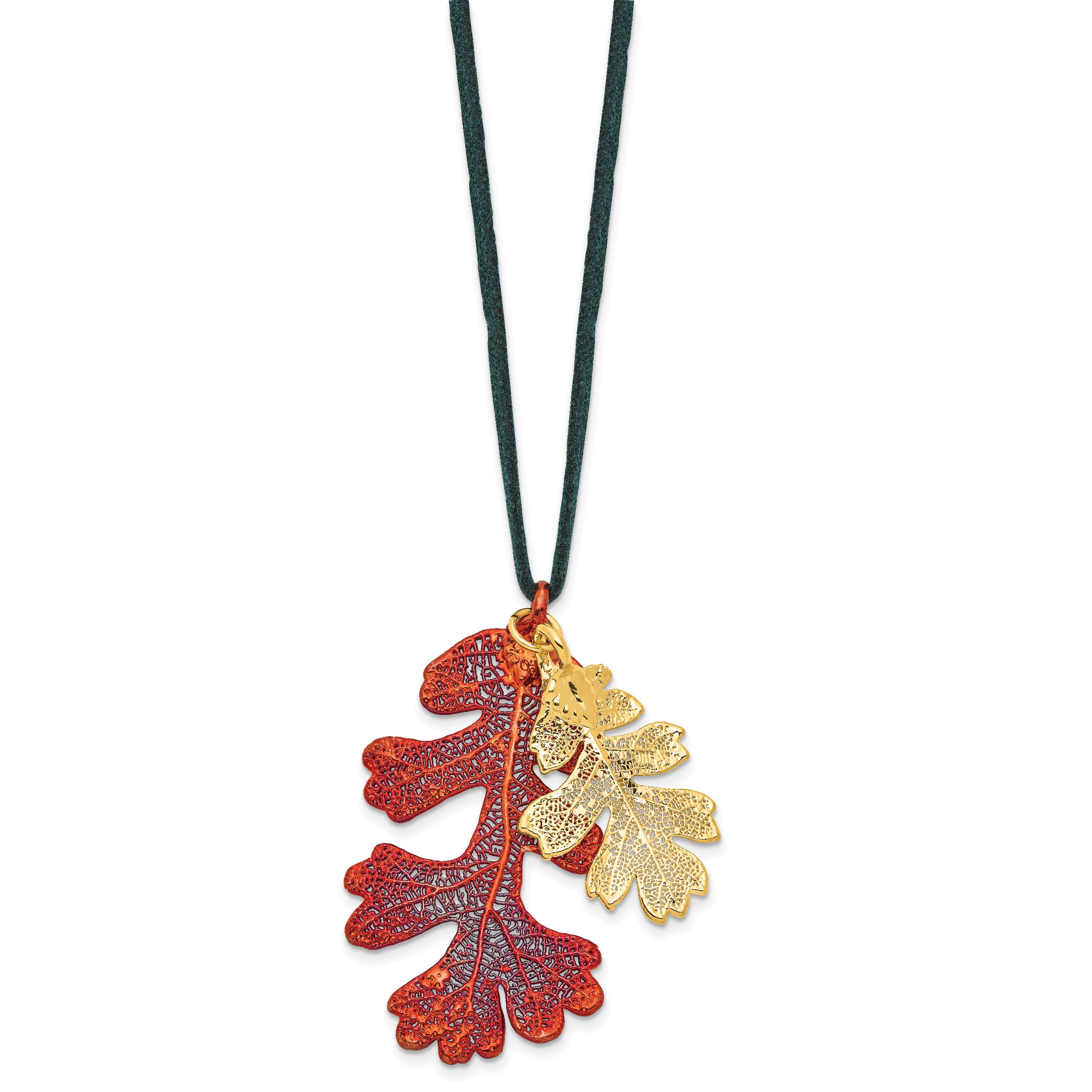 Iridescent Copper and 24k Gold Dipped Double Real Oak Leaves 20 inch Leather Cord Necklace