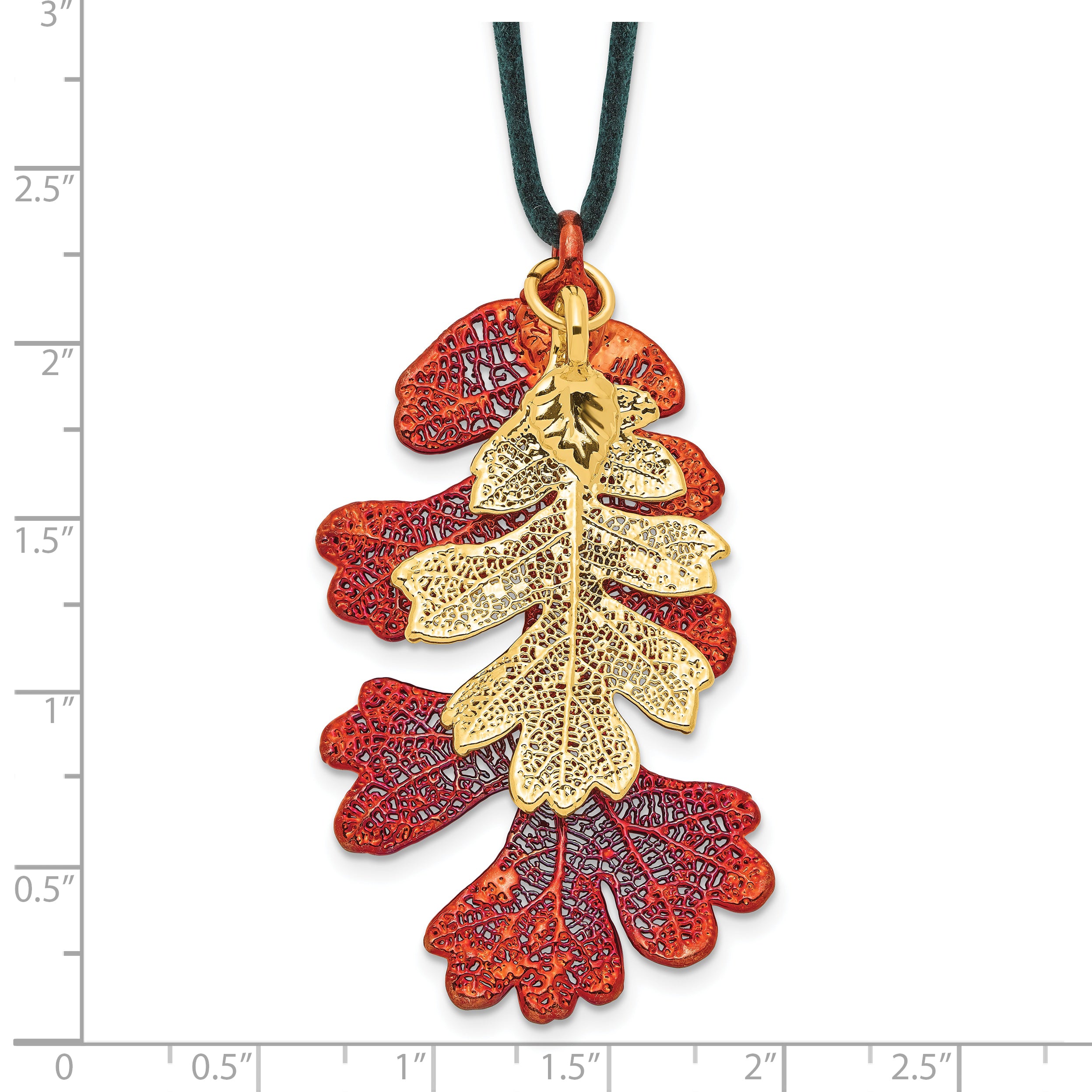Iridescent Copper and 24k Gold Dipped Double Real Oak Leaves 20 inch Leather Cord Necklace