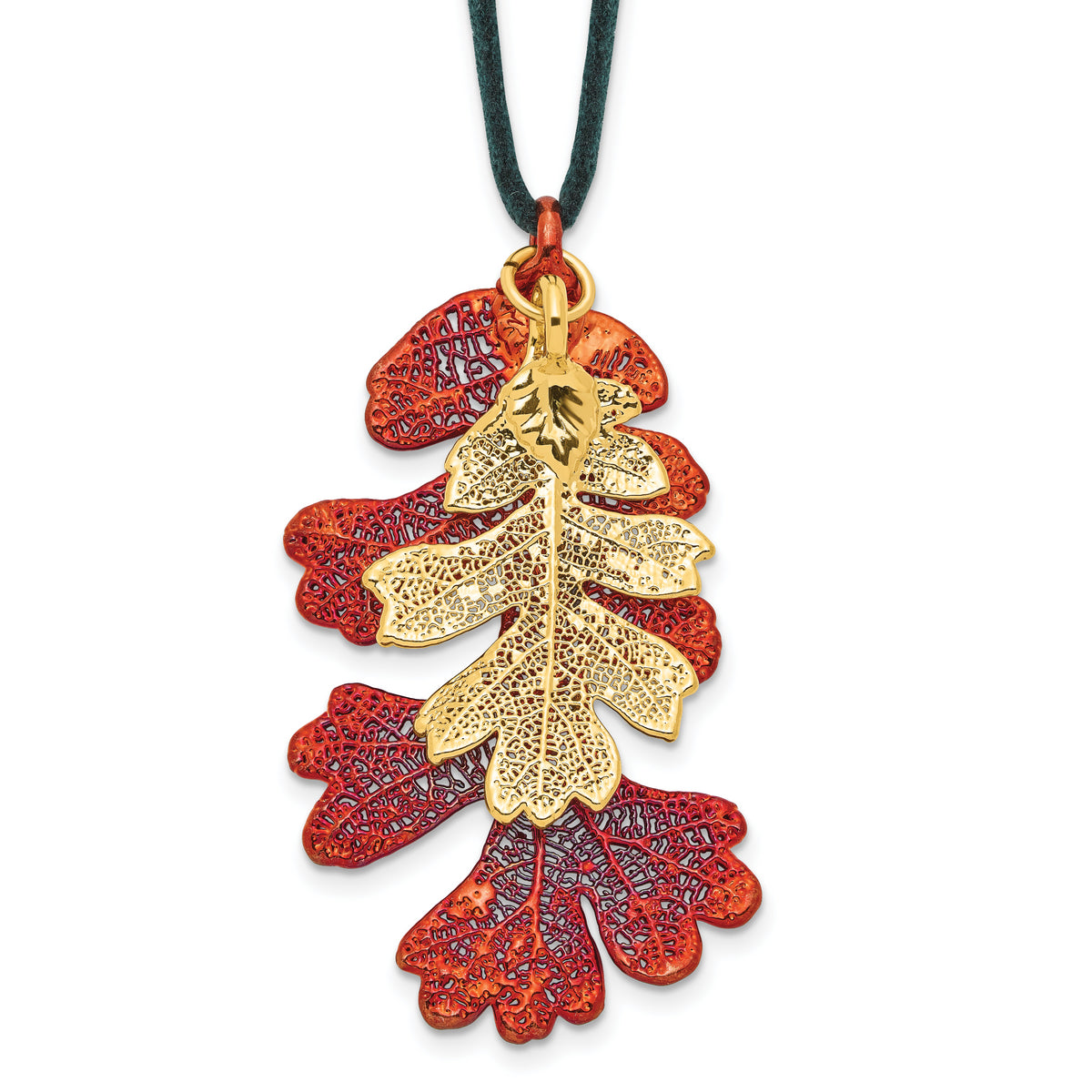 Iridescent Copper and 24k Gold Dipped Double Real Oak Leaves 20 inch Leather Cord Necklace