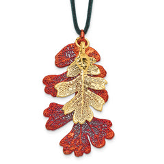 Iridescent Copper and 24k Gold Dipped Double Real Oak Leaves 20 inch Leather Cord Necklace