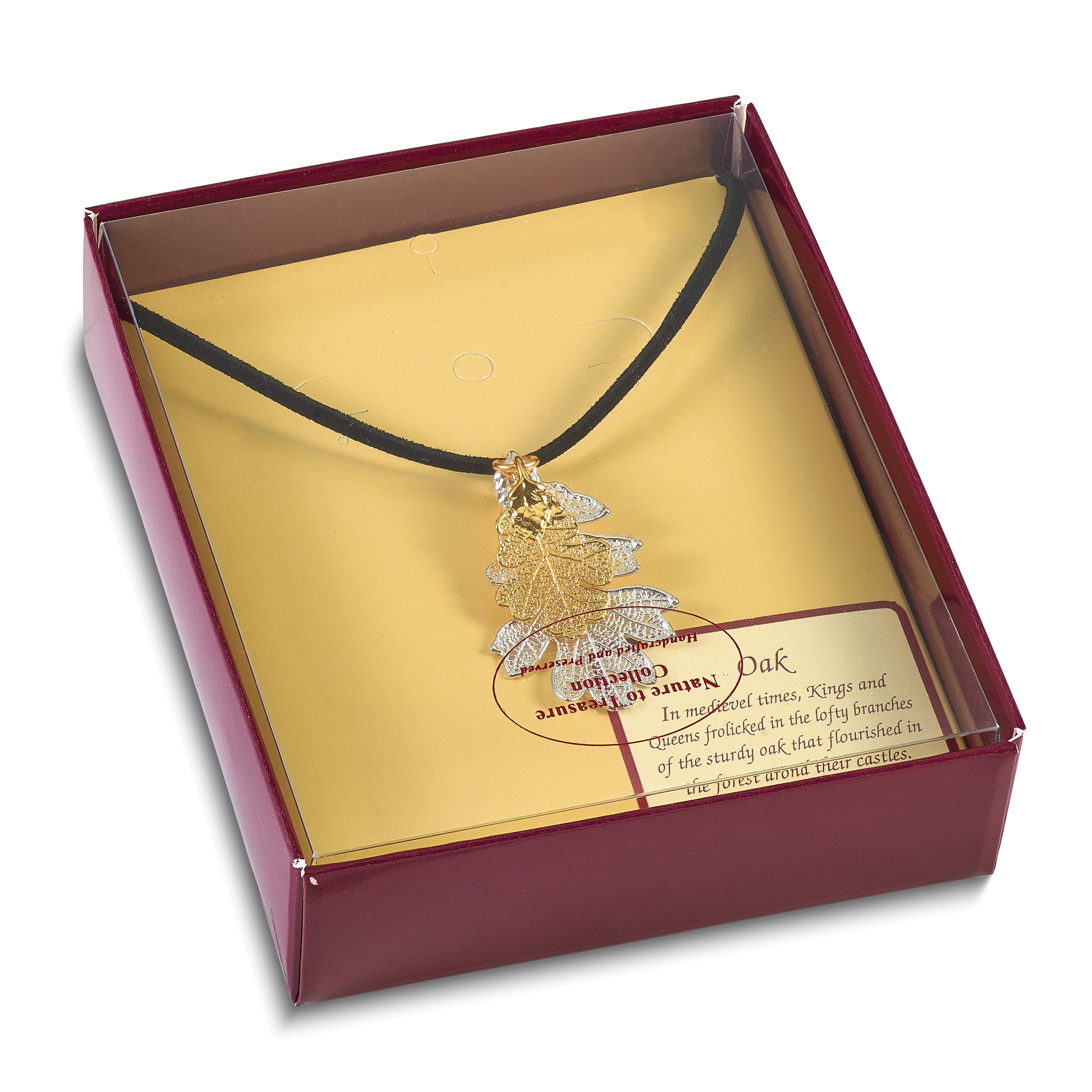 Silver and 24k Gold Dipped Double Real Oak Leaves 20 inch Leather Cord Necklace