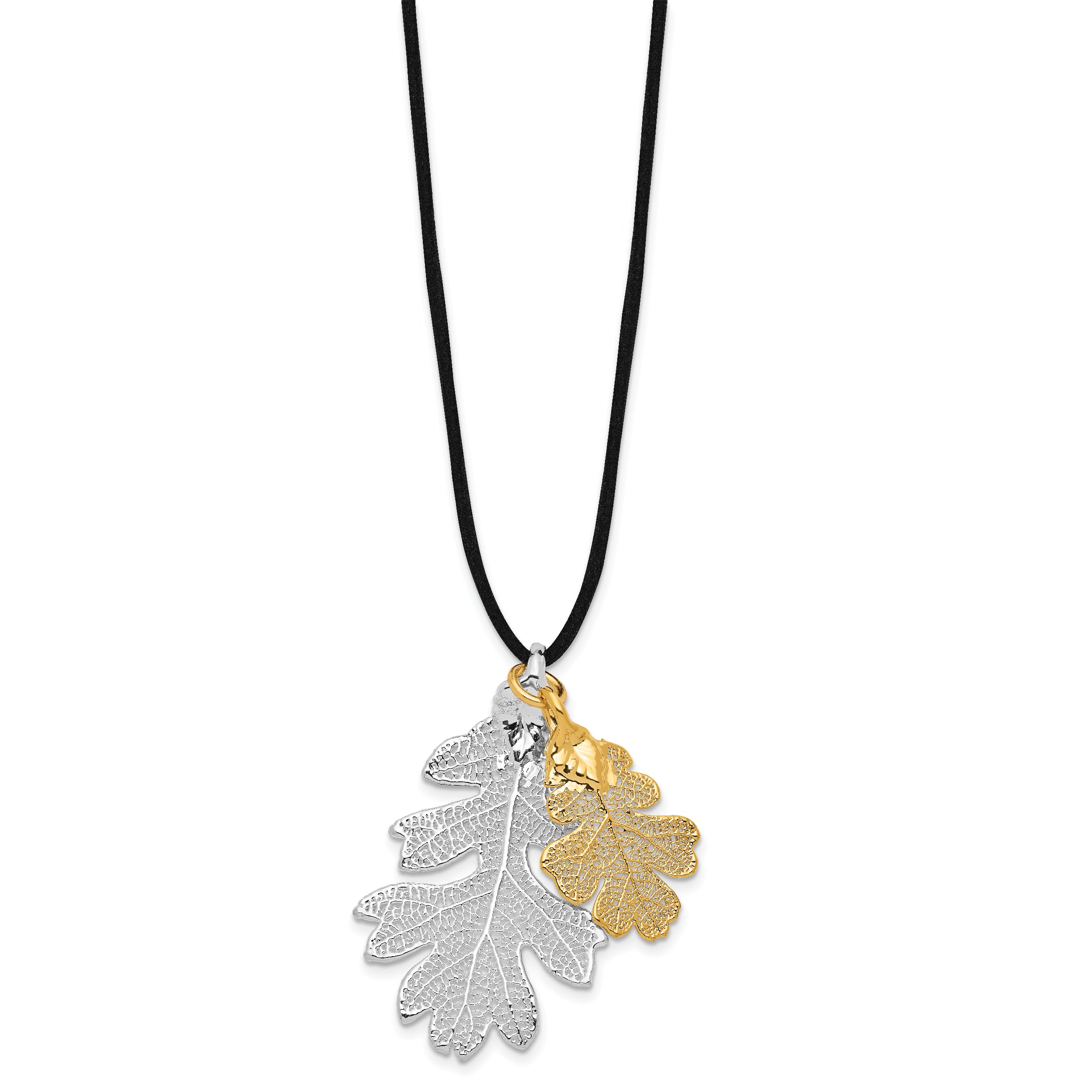 Silver and 24k Gold Dipped Double Real Oak Leaves 20 inch Leather Cord Necklace